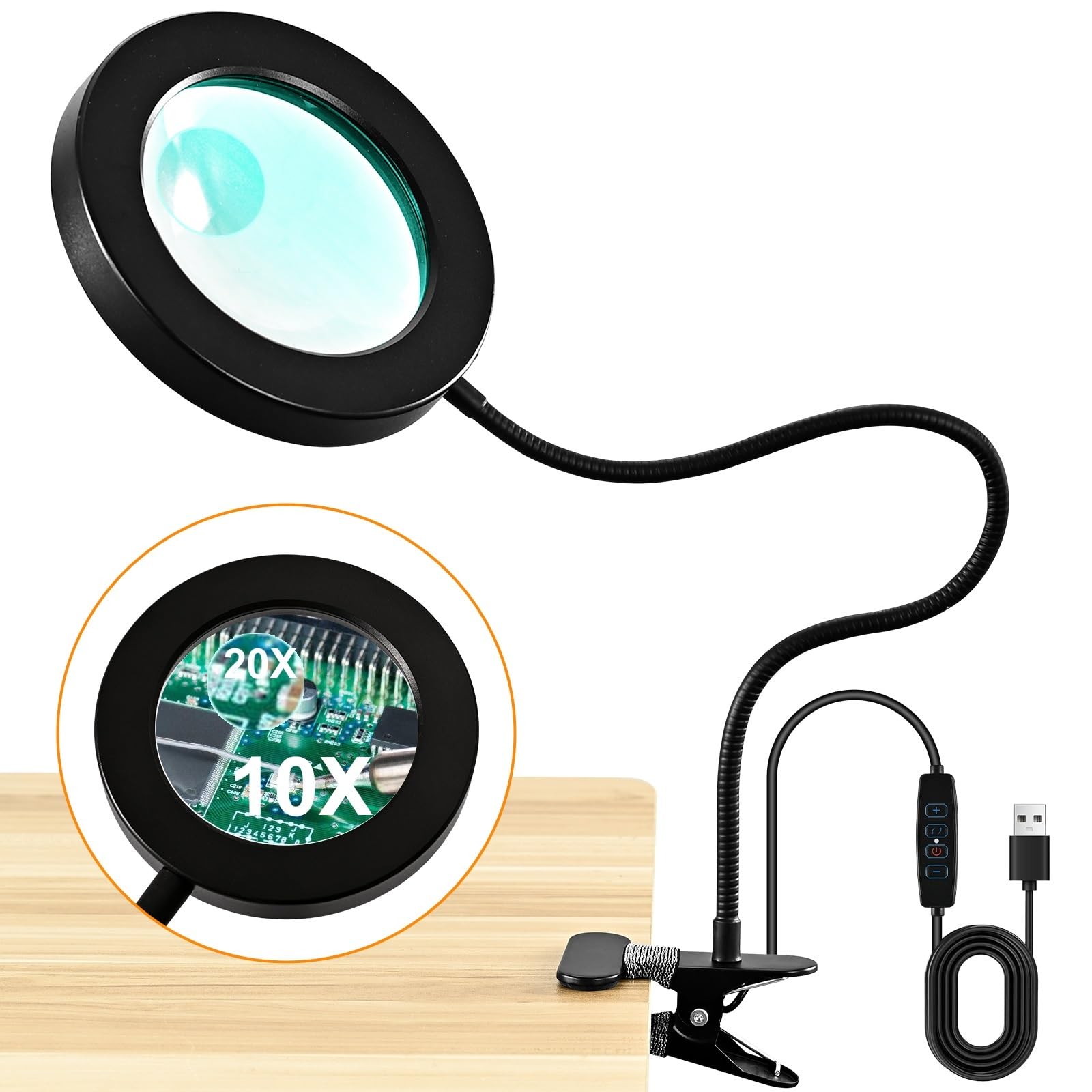 20X/10X Dual-lens Magnifying Glass with Light and Timer, Combination Lens Magnifier with Light, 3 Color Modes, 2 in 1 Magnifying Desk Lamp for Craft Hobby Painting Sewing Close Work(No Adapter)