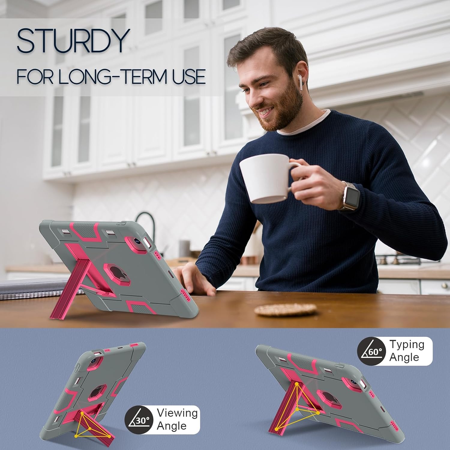 3 in 1 Hybrid Case for iPad Air 11 inch M4 2026 /M3 2025/ M2 2024, with Pencil Holder,Rugged Shockproof Hybrid Tablet Case with Kickstand for Kids Women Men,Grey/Rosered