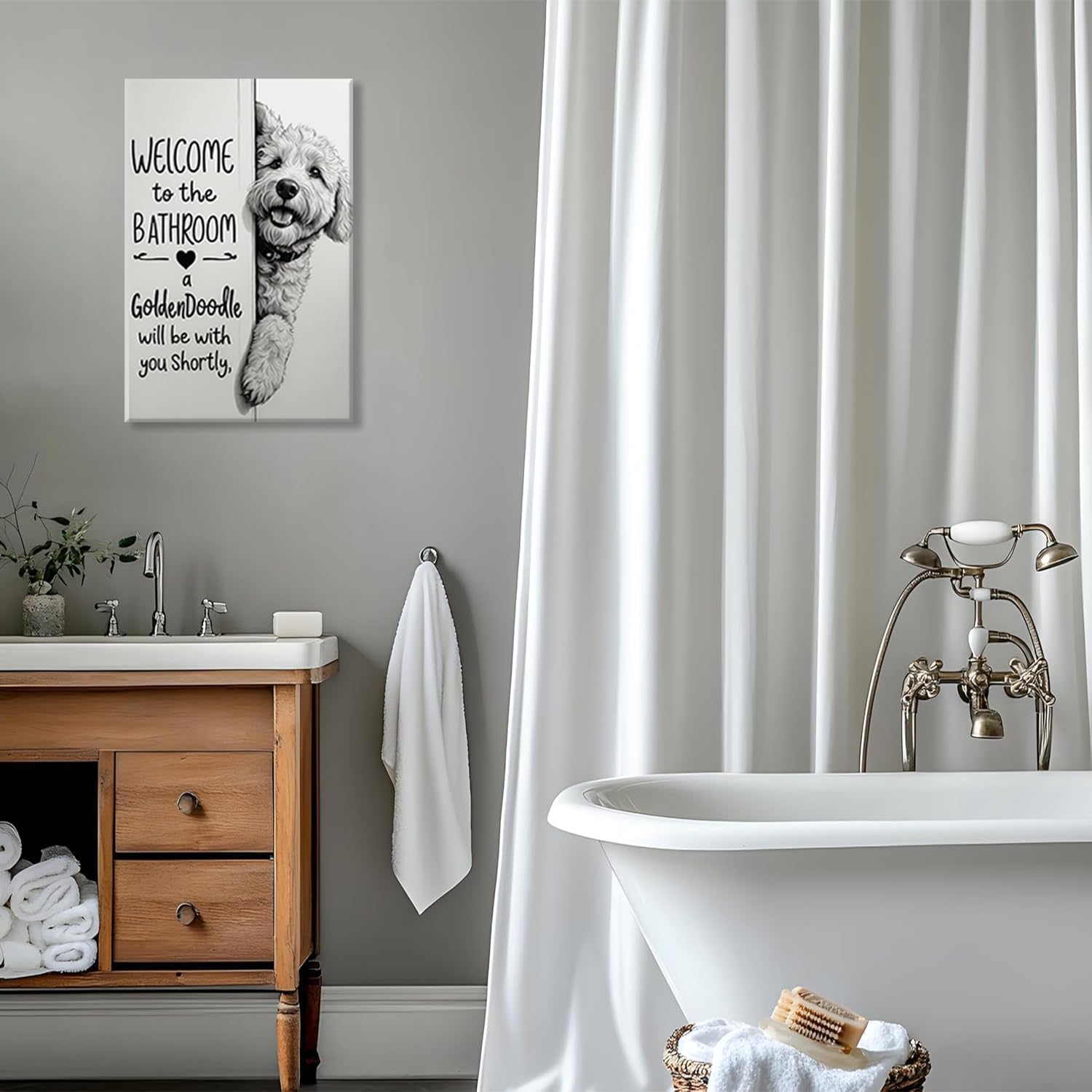 HNNXAR Funny Bathroom Wall Art,Welcome To The Bathroom A Goldendoodle Will Be With You Shortly Signs Pictures Posters,Black and White Funny Canvas Paintings Prints,Cute Dog Wall Decor 16x24in