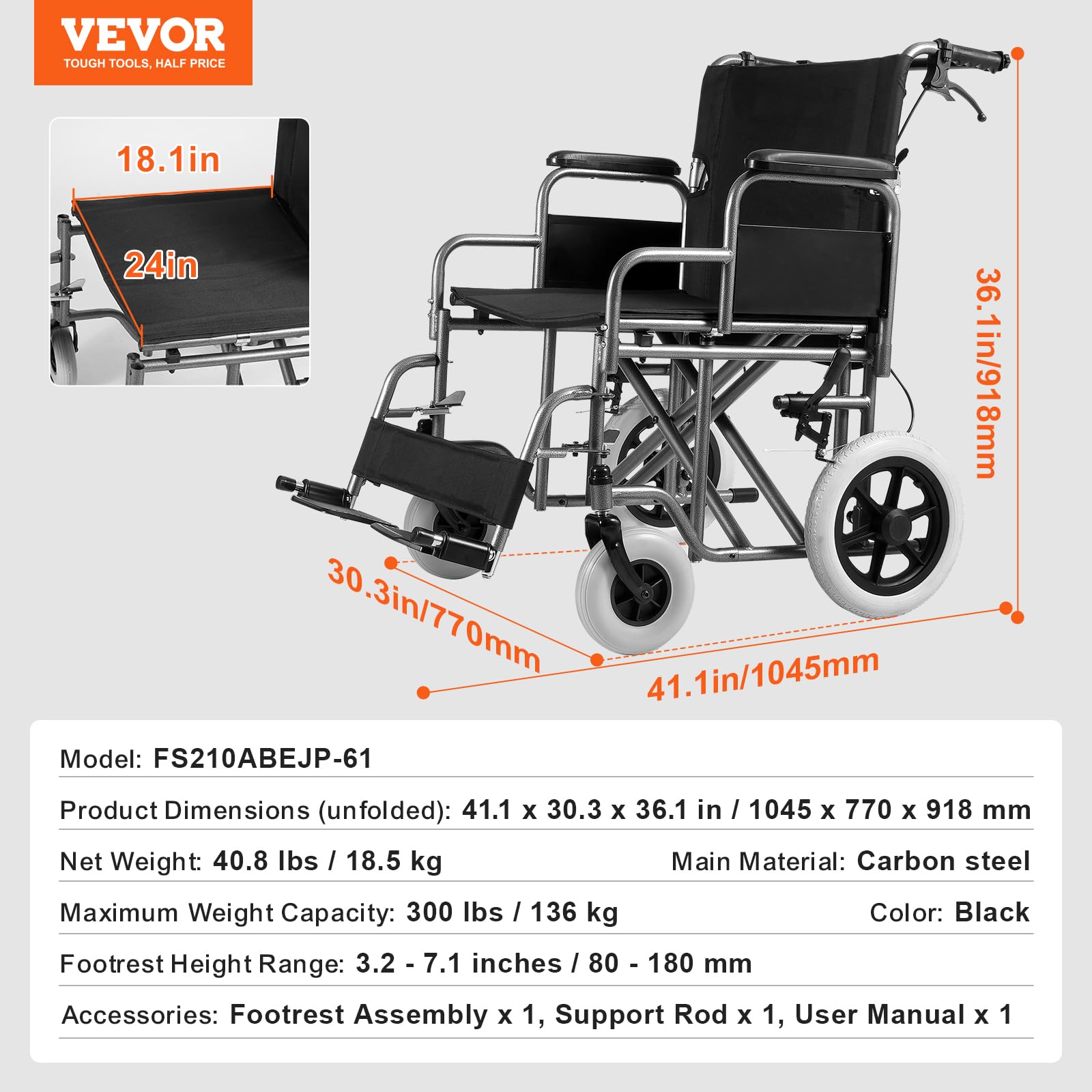 VEVOR Silla de Ruedas de Transporte de Acero al Carbono para Adultos, con Reposabrazos Desmontable, Freno Autoblocante, Capacidad de Peso de 136 kg, para los Discapacitados, 1045 x 770 x 918 mm