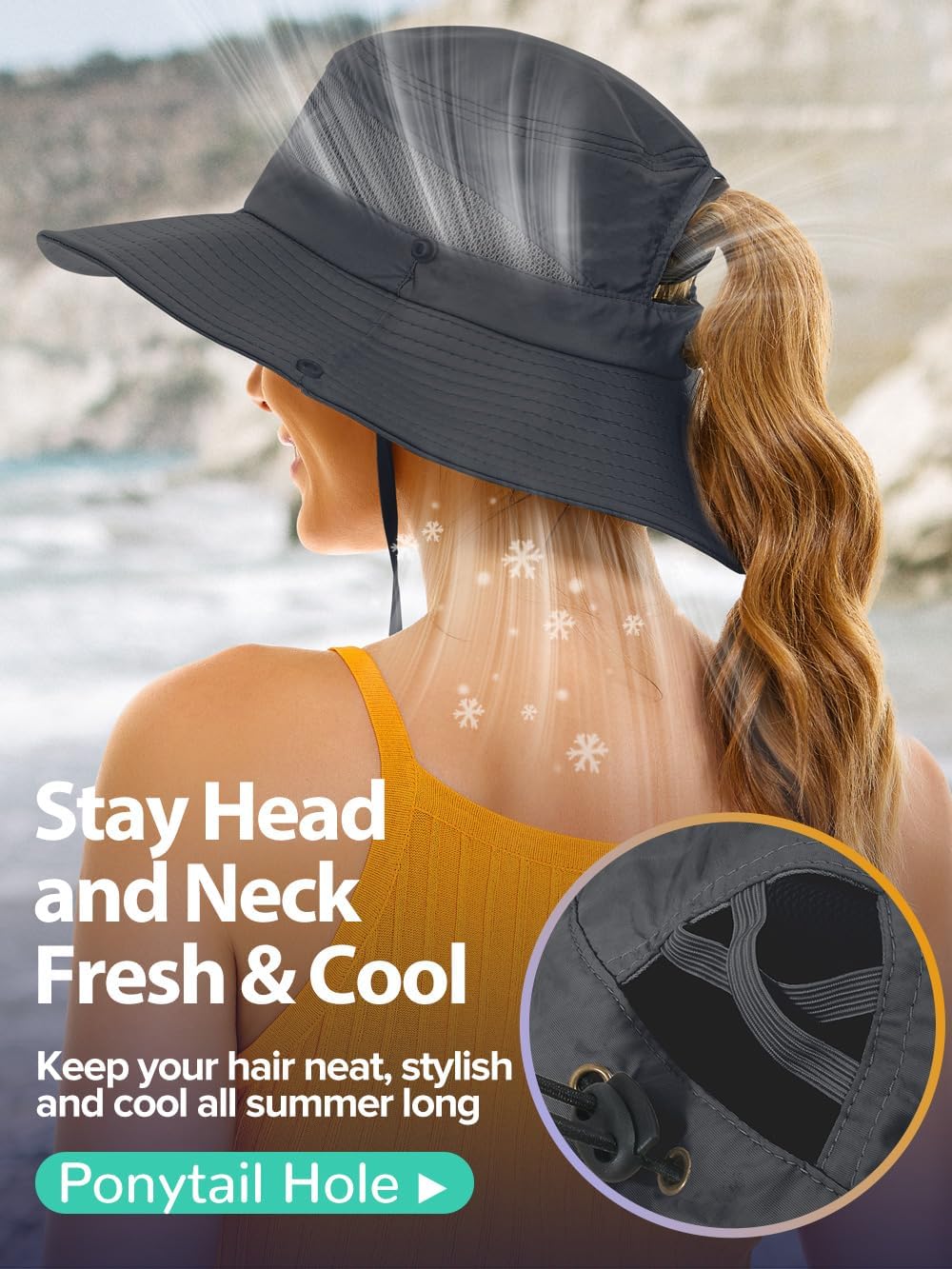 Sun Bucket Beach Hats for Women with Ponytail Hole,Sun Protection UV UPF50+ Waterproof Fishing Safari Hiking Hat - Image 2