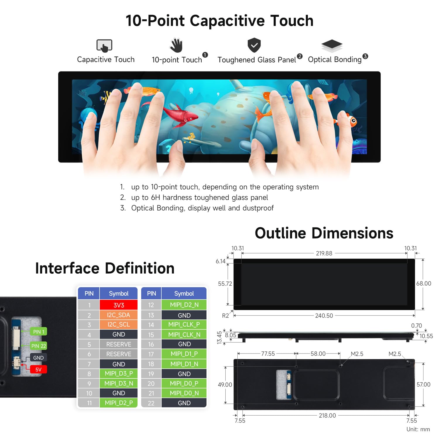 Waveshare 8.8inch DSI Capacitive Touch Display, IPS Panel, 480x1920 Resolution, 10-Point Touch, Supports Backlight Adjustment Via Software