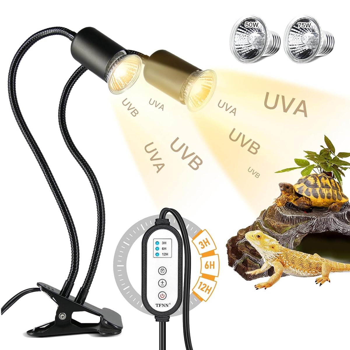 Lampada a calore rettile a doppia testa con morsetto, luce rettile con timer ciclo per tartarughe, con spina europea
