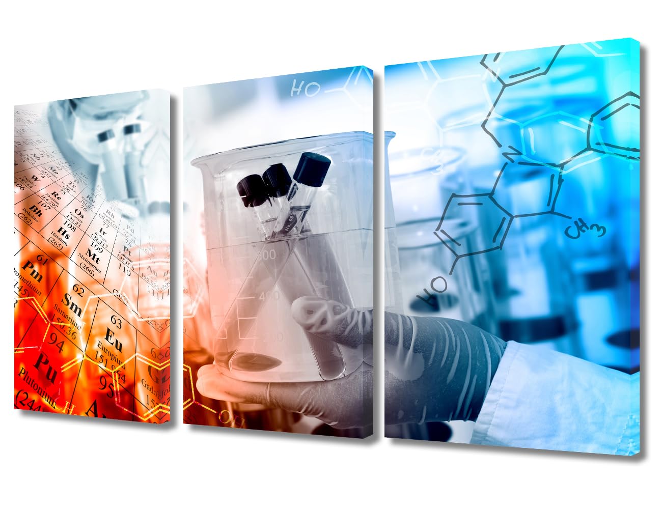 Scientist and Test Tubes Laboratory Concept Framed Wall Art Chemical Equations and Periodic Table Pictures Wall Prints 3 Panels Prints for Wall Decor Stretched and Framed Ready to Hang (36" Wx24 H)