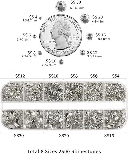 Miniatura 10 de Beadsland Diamantes de imitación para maquillaje, 8 tamaños, 2500 unidades de diamantes de imitación dorados con parte trasera plana, gemas faciales