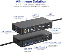 Docking station Rocketek 12-în-1 pentru Surface, compatibil cu 3 monitoare, HDMI dublu, VGA, cu alimentare, pentru Pro 11 X 10 9 8 7 6 5 4 3, Laptop 7 6 5 4 3 2 1, Book, Go 3