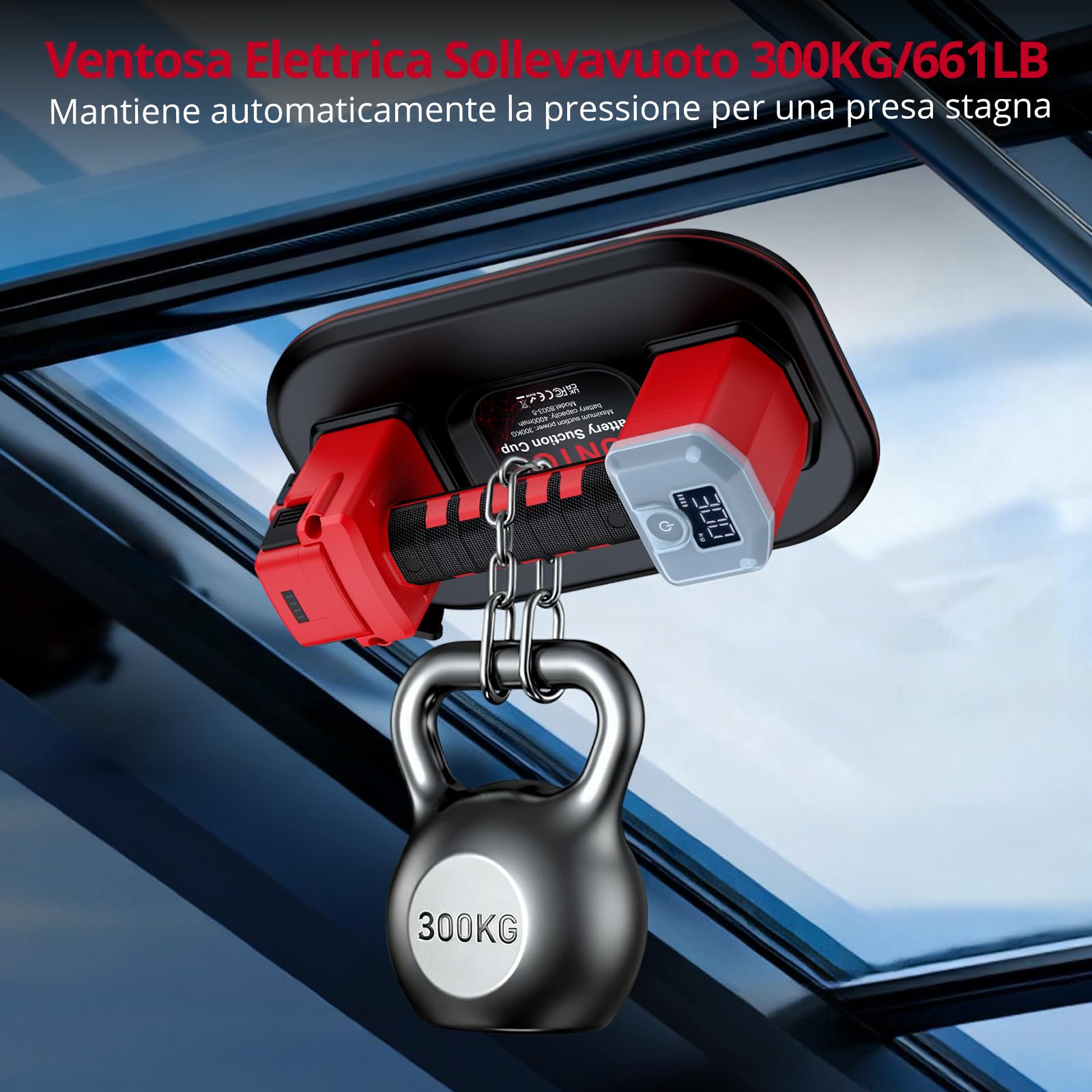 XUNTOP 10" Ventosa a Batteria Professionale 300KG a Doppio Motore 9000 Giri/min con Display LCD, Sollevatore Elettrico Aspirazione Automatica per Piastrelle e Vetro, con Extra Batteria di Ricambio
