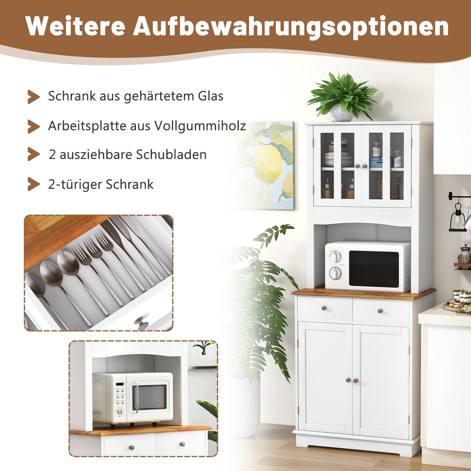 GOPLUS Keukenkast, keukenbuffet met 2 glazen deuren en kast, hoge kast, vrijstaande opbergkast, hoge kast voor woonkamer, keuken (wit
