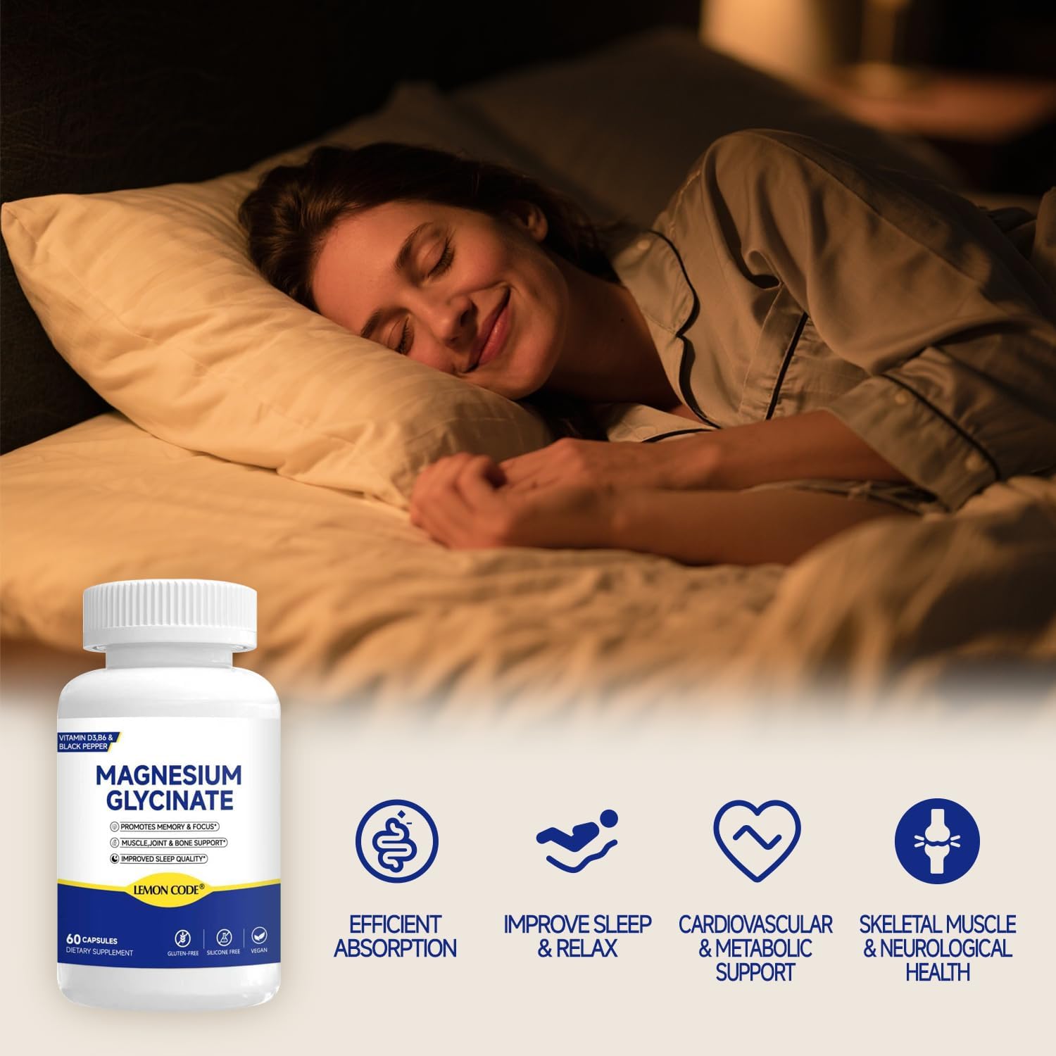 Magnesium Glycinate, High Absorption Magnesium Complex with Vitamin D3 & B6, Supports Relaxation, Muscle Function & Heart Health, Vegan, Non-GMO, 60 Capsules