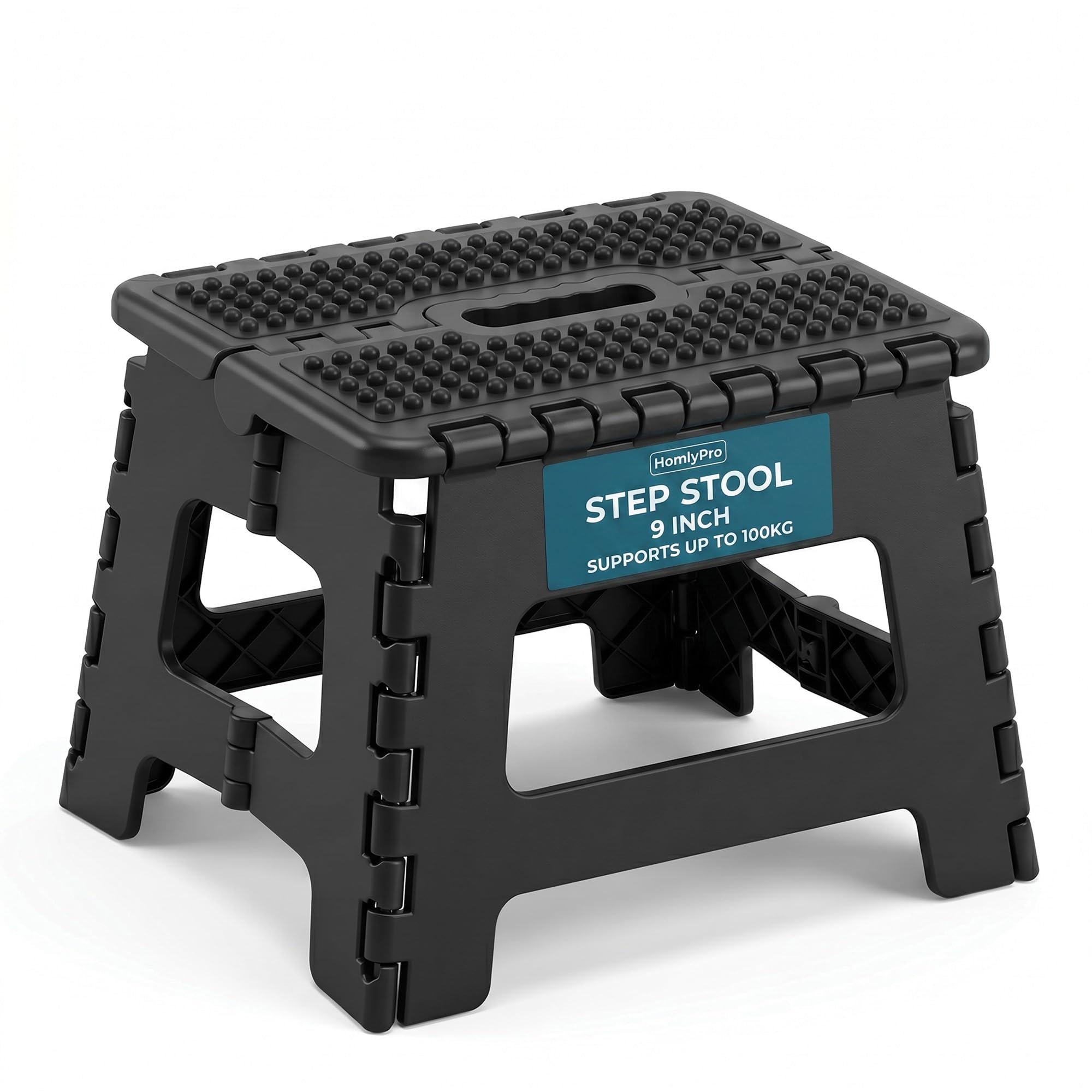 HomlyPro Folding Step Stool 9 Inch Heavy Duty 250 lbs Capacity Black, Portable Collapsible Stool with Carry Handle, Anti-Slip Surface for Adults & Kids, Kitchen Bathroom Camping
