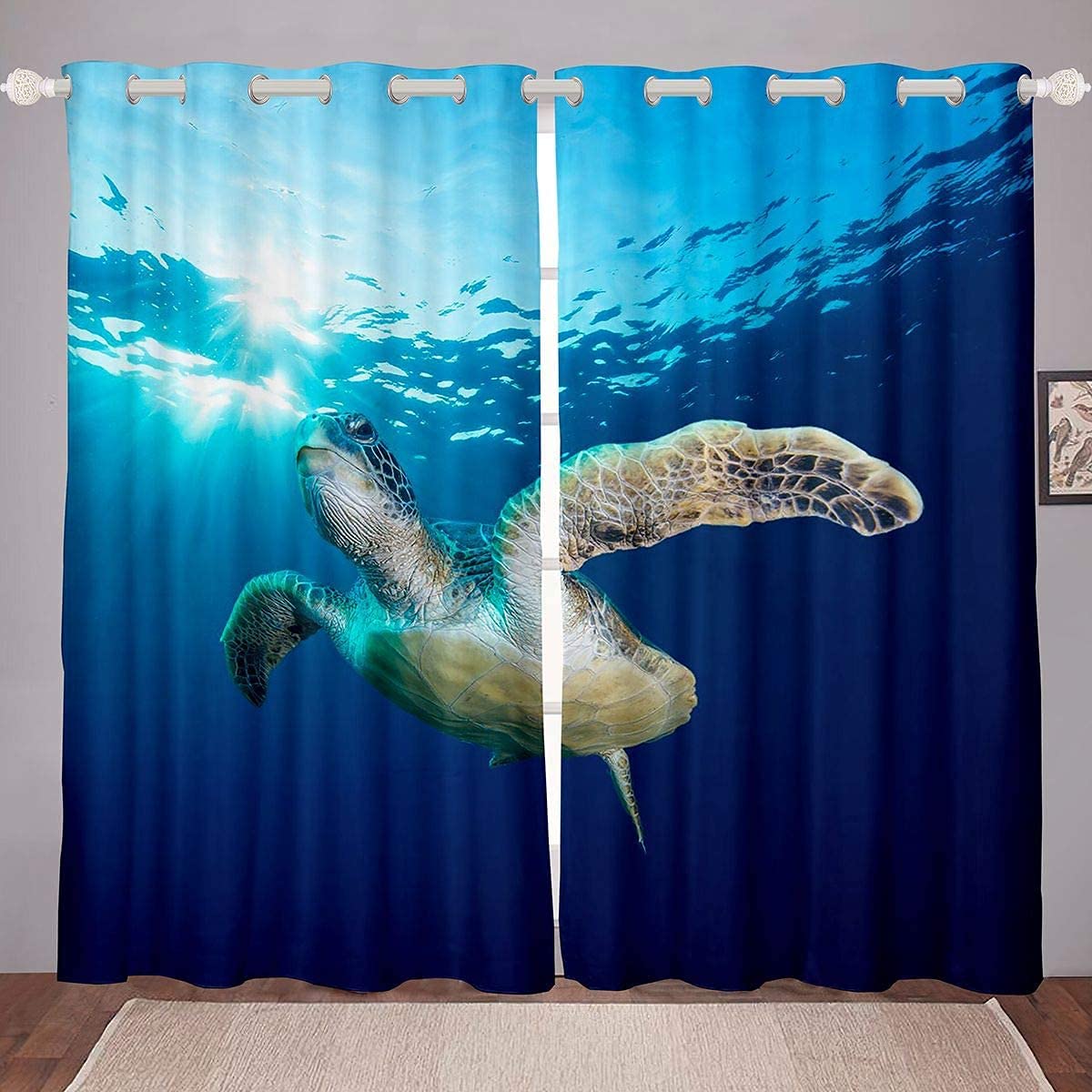 Sea Turtle Curtains 3D Reptile Printed Window Curtains for Bedroom Living Room for Kids Boys Girls Marine Life Ocean Window Drapes Underwear Wold Window Treatments,W52*L63