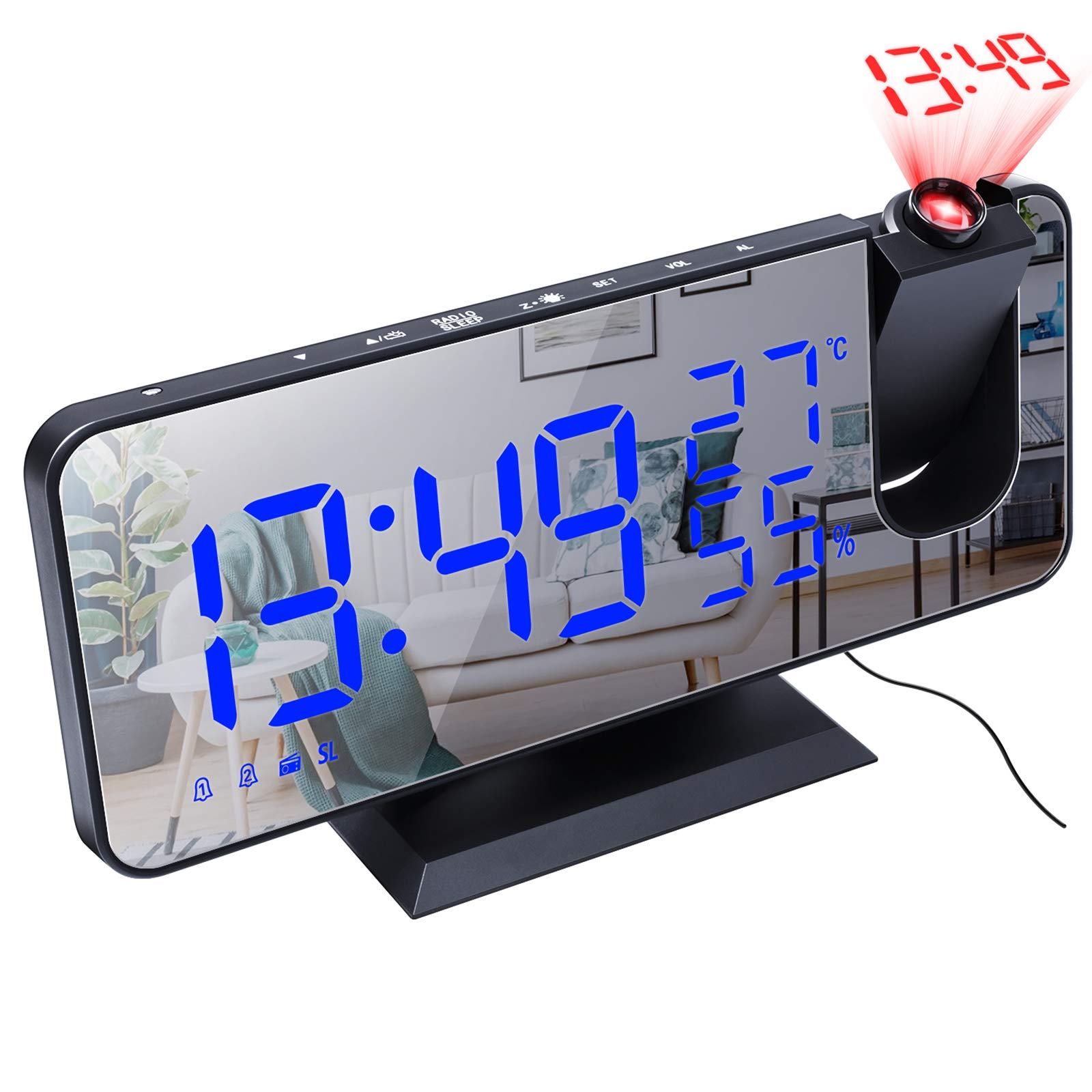 rockible Reloj Despertador Digital Proyector de Pared con Pantalla LED de 7.3pulgadas Incorporado Control de Volumen y Digital