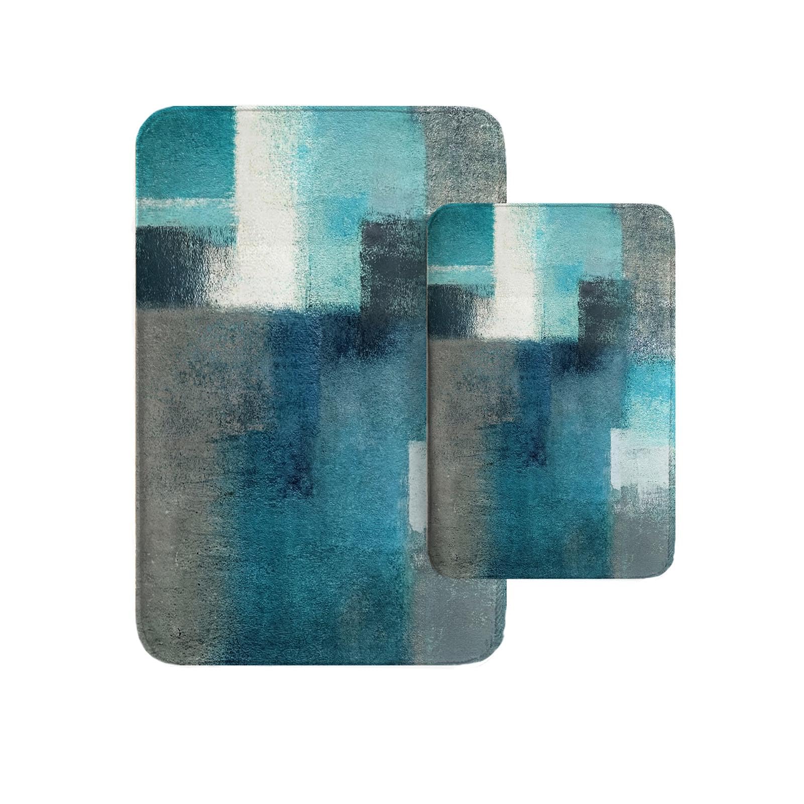 Britimes Modern Abstract Art Bathroom Rug Mat Set of 2, Turquoise and Gray Washable Cover Floor Rug Carpets Floor Bath Mat Bathroom Decorations 16x24