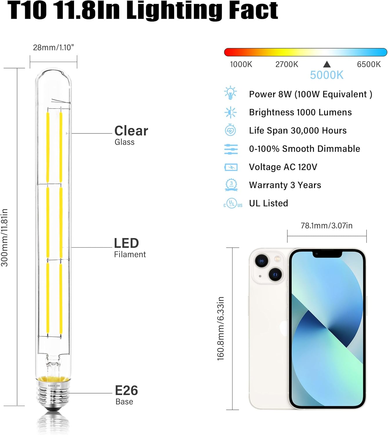 11.8IN 1000LM 5000K Daylight White Light Bulbs E26 Base, T10 T9 Edison Bulbs Dimmable 8W, AC 120V 100 Watt Equal Filament Bulb, Vintage Clear Glass Long Tubular LED Bulb, UL Certified - 4Pack