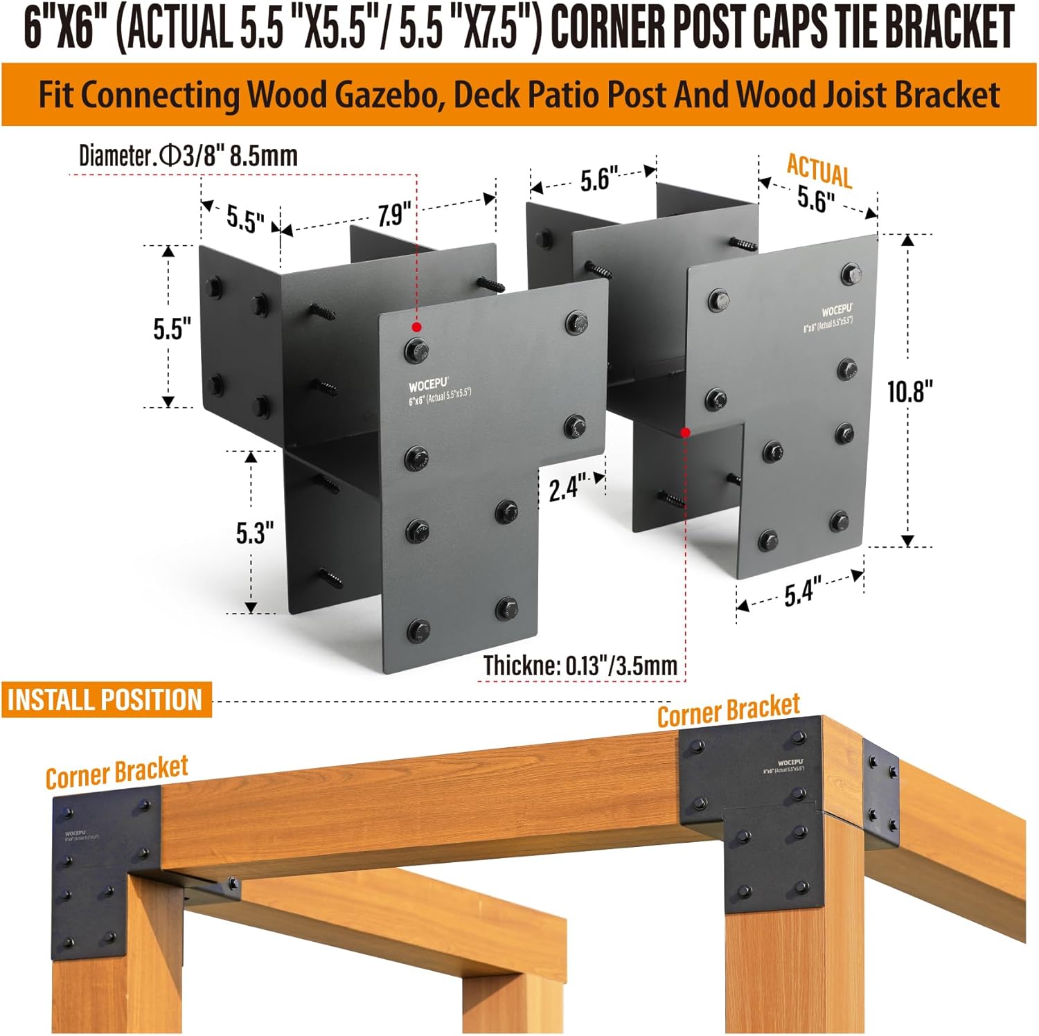 4 Pack Heavy Duty 6x6 (Actual 5.5"x5.5") Stainless Steel Corner Post Caps Tie Bracket , Fit Connecting Wood Gazebo, Deck Patio Post and Wood Beams Bracket (Dark Ggray)