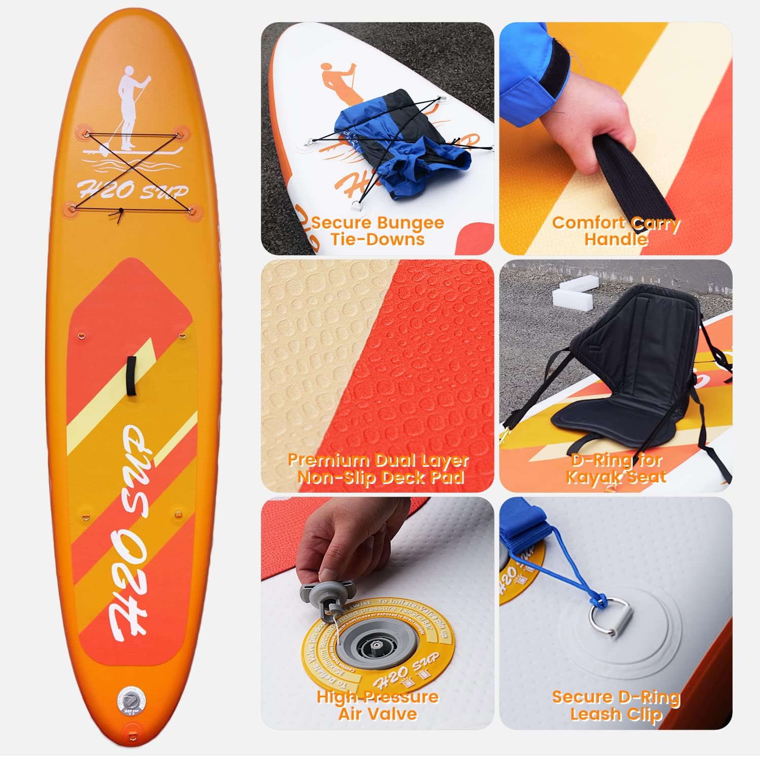 H2OSUP Inflatable Stand Up Paddle Board 10'6''/10' × 30" × 6" with Premium SUP Paddle Board Accessories & Backpack, Ultra-Light, Wide Stable Design, Non-Slip Deck for Youth & Adults
