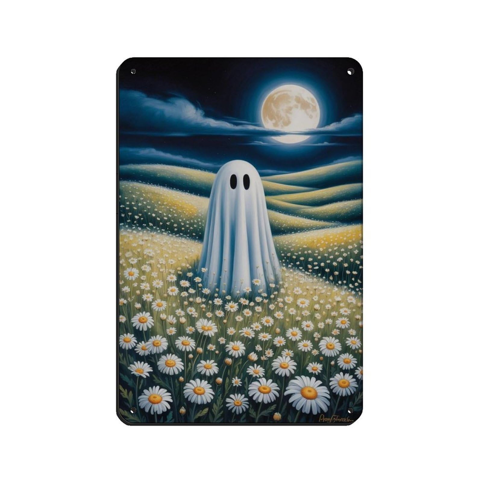 Ghost with Wildflowers at The Moon Poster Tin Sign Vintage Metal Pub Club Cafe Bar Home Wall Art Decoration Poster Retro 8x12inch(20x30cm)