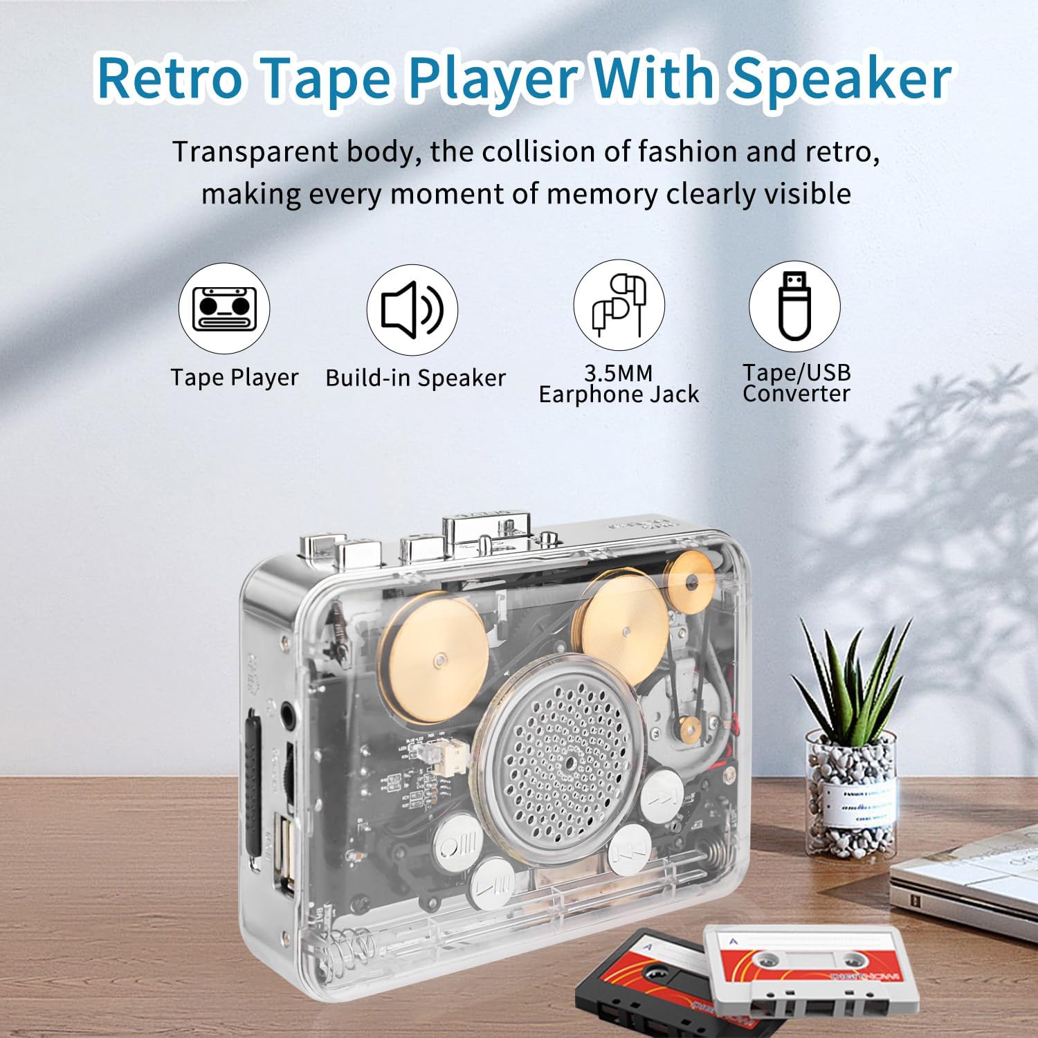 Portable Clear Stereo ＆Auto Reverse Cassette Player，Convert Tapes to MP3 Format via USB Converter，Built-in Cool Copper Wheel Movement Speaker