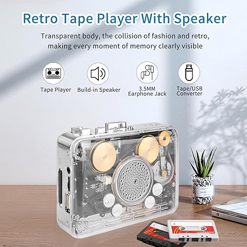 Miniatura 5 de Reproductor de casete portátil transparente y automático de reversa,Convertir cintas a formato MP3 a través del convertidor USB,Altavoz de