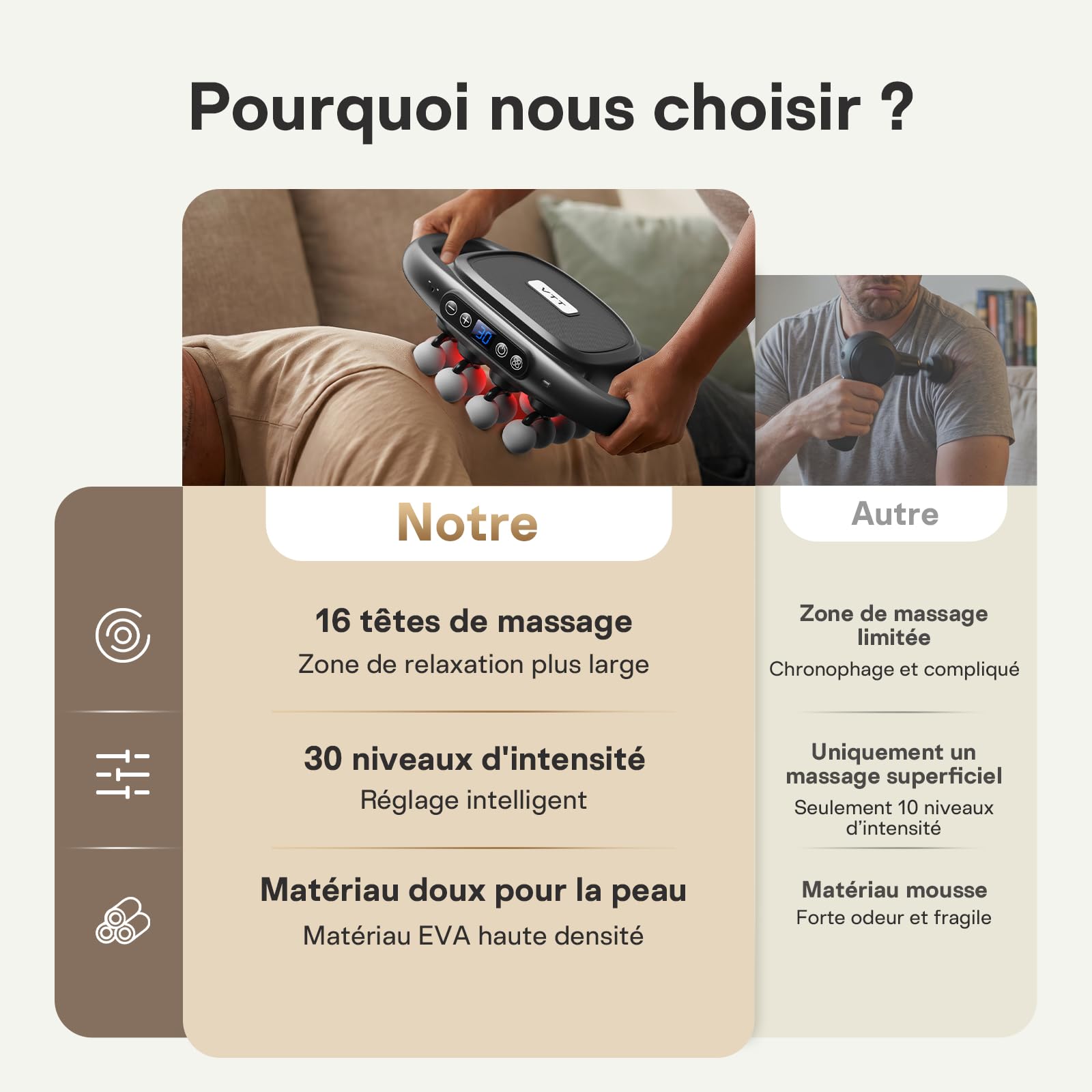 Pistolet de massage musculaire VTT,16 têtes de massage,masseur cervical et dorsal silencieux,3 modes et 30 niveaux d'intensité pour soulager tensions et courbatures des épaules,du dos et des jambes