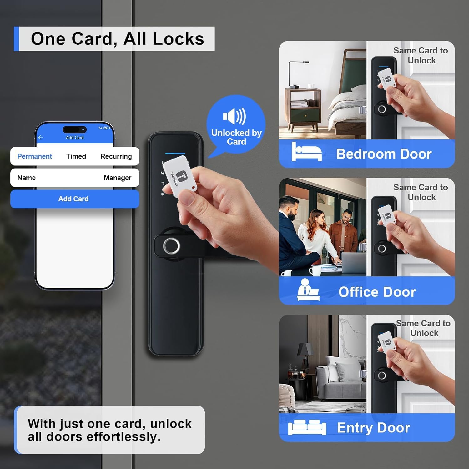 Smart lock with app interface showing card management