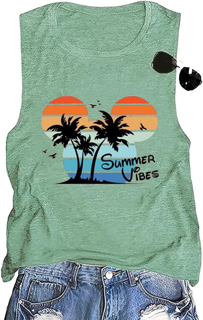 Wiadex Summer Vibes Hawaii Vacation Tank Tops for Women 2024 Inspirational Cute Outdoor Adventure Beach Graphic Tees Soft Comfy Holiday Top Shirts, Mint Green X-Large
