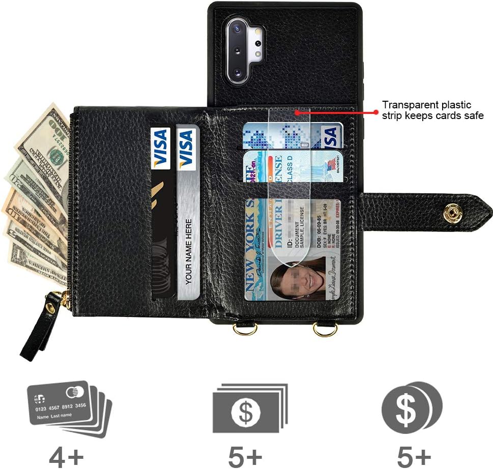 LAMEEKU Wallet Case for Samsung Galaxy Note 10 Plus, Zipper Wallet Case with Card Holder Crossbody Case with Wrist Strap Protective Case Compatible with Samsung Galaxy Note 10 Plus, 6.8 inches-Black