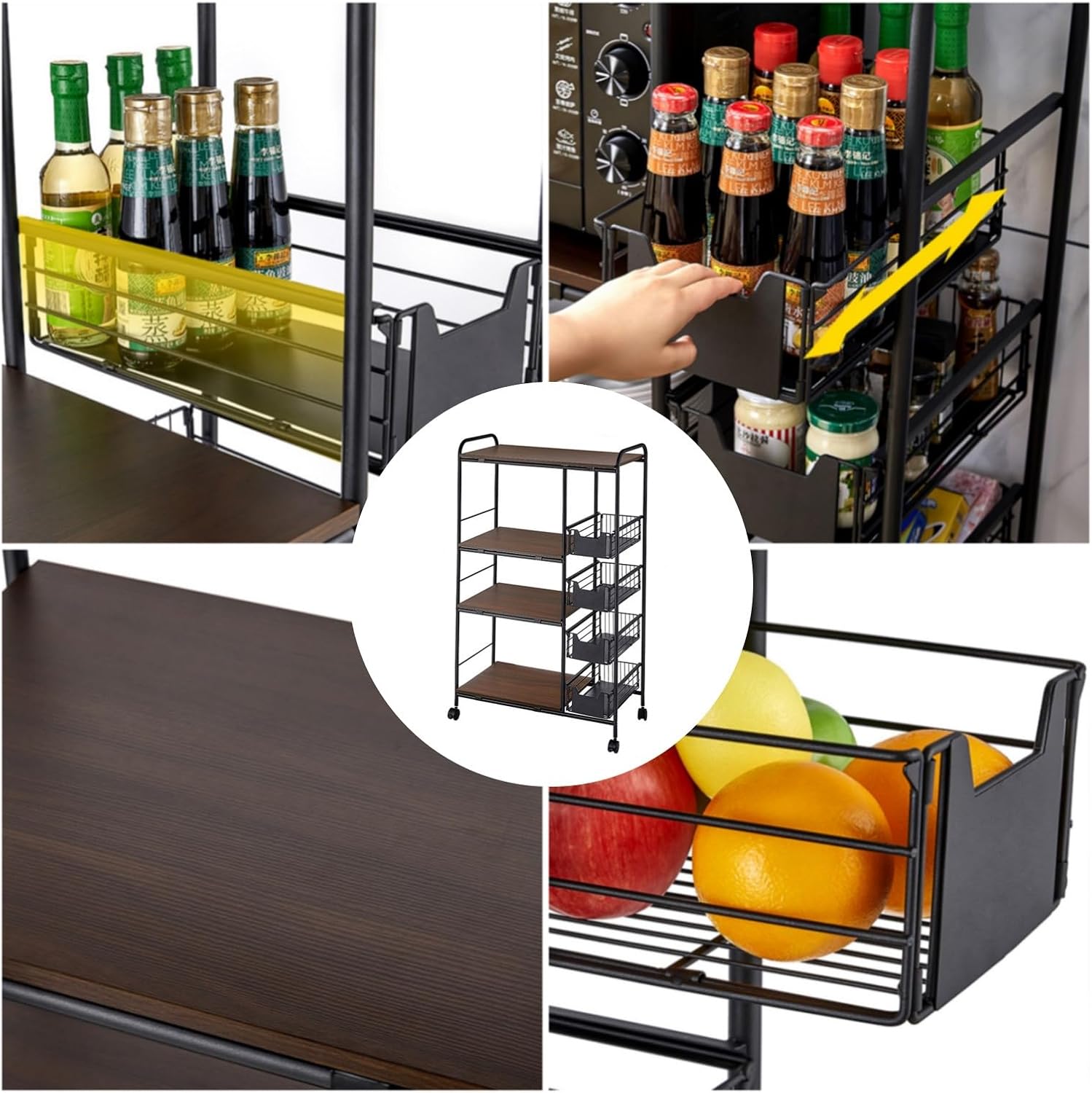 LOYALHEARTDY 4+5-Tier Kitchen Storage, Microwave Cart Utility Kitchen Cart, Bakers Racks for Kitchens with Storage 100 pounds Load Capacity Rolling Microwave Stand on Wheels with 4 Drawers