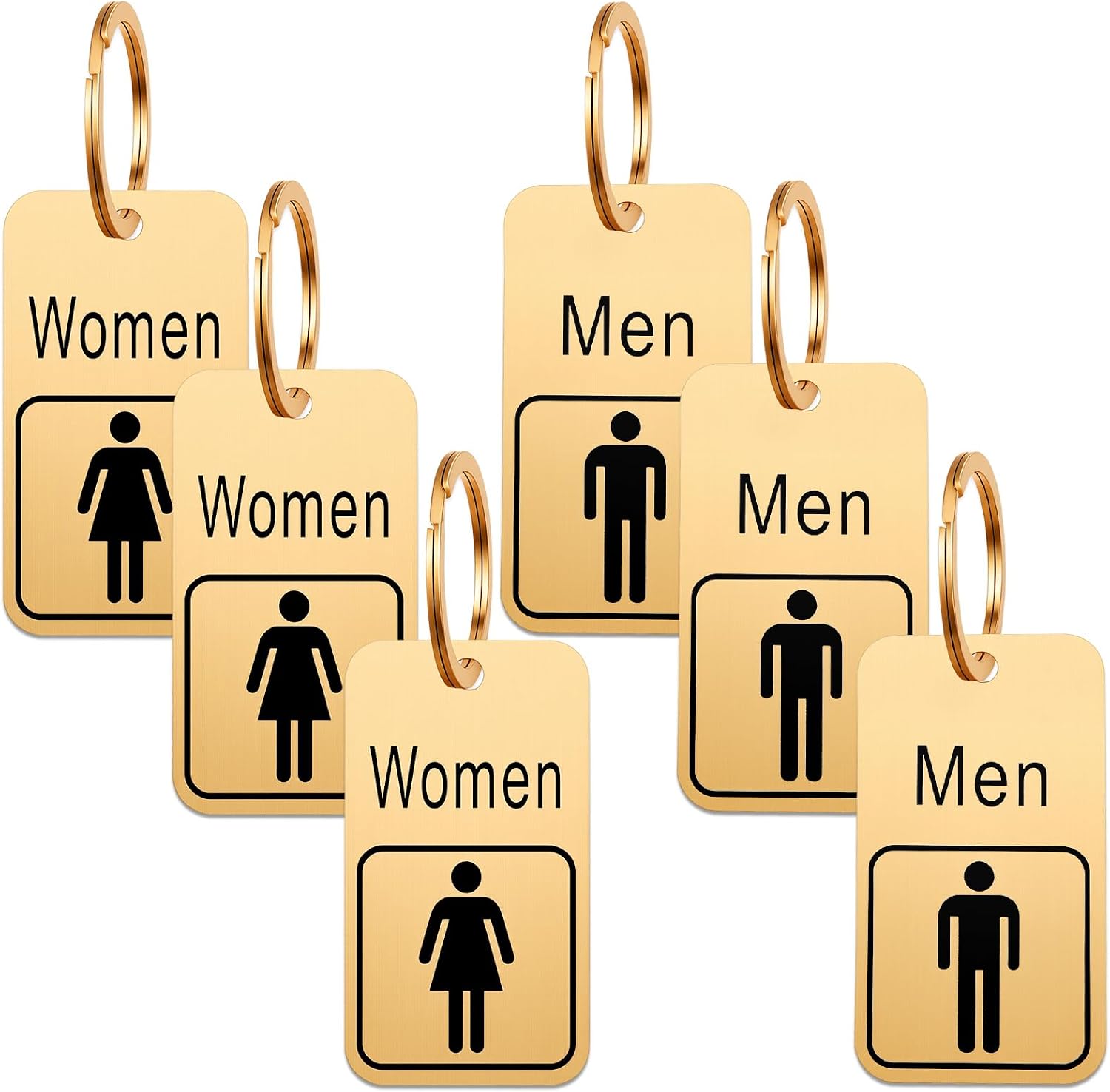 Tondiamo 6 Pcs Restroom Pass Keychains for Business, 3 Men 3 Women, Solid Brass Bathroom Tag, Double-sided Engraved Commercial Restroom Keys for Business Office Classroom, 1.25'' x 2.25''