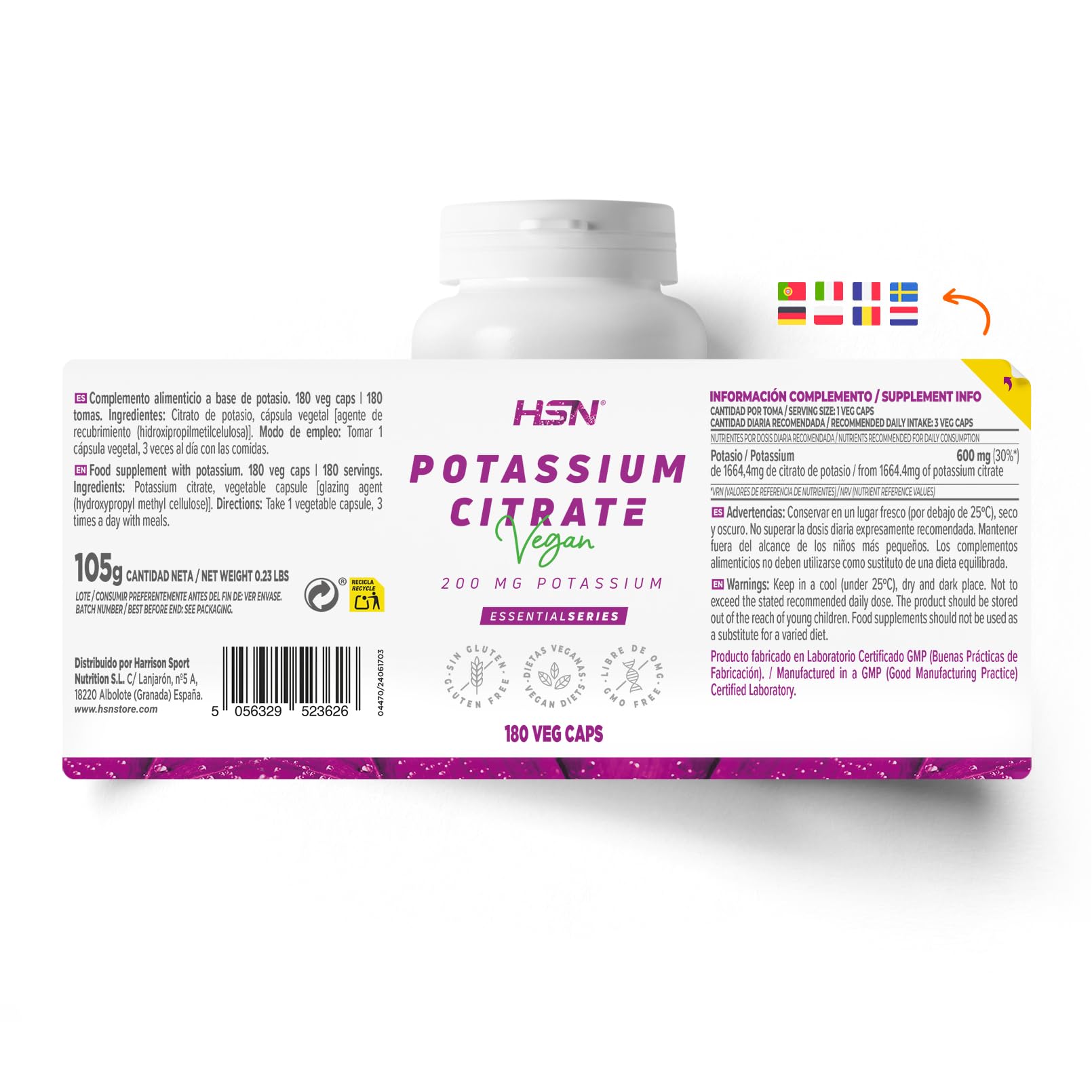HSN Citrato di Potassio 1664mg (600mg di Potassio Elementare) per dose giornaliera | 180 Capsule Vegetali | Il potassio contribuisce al normale funzionamento del sistema nervoso