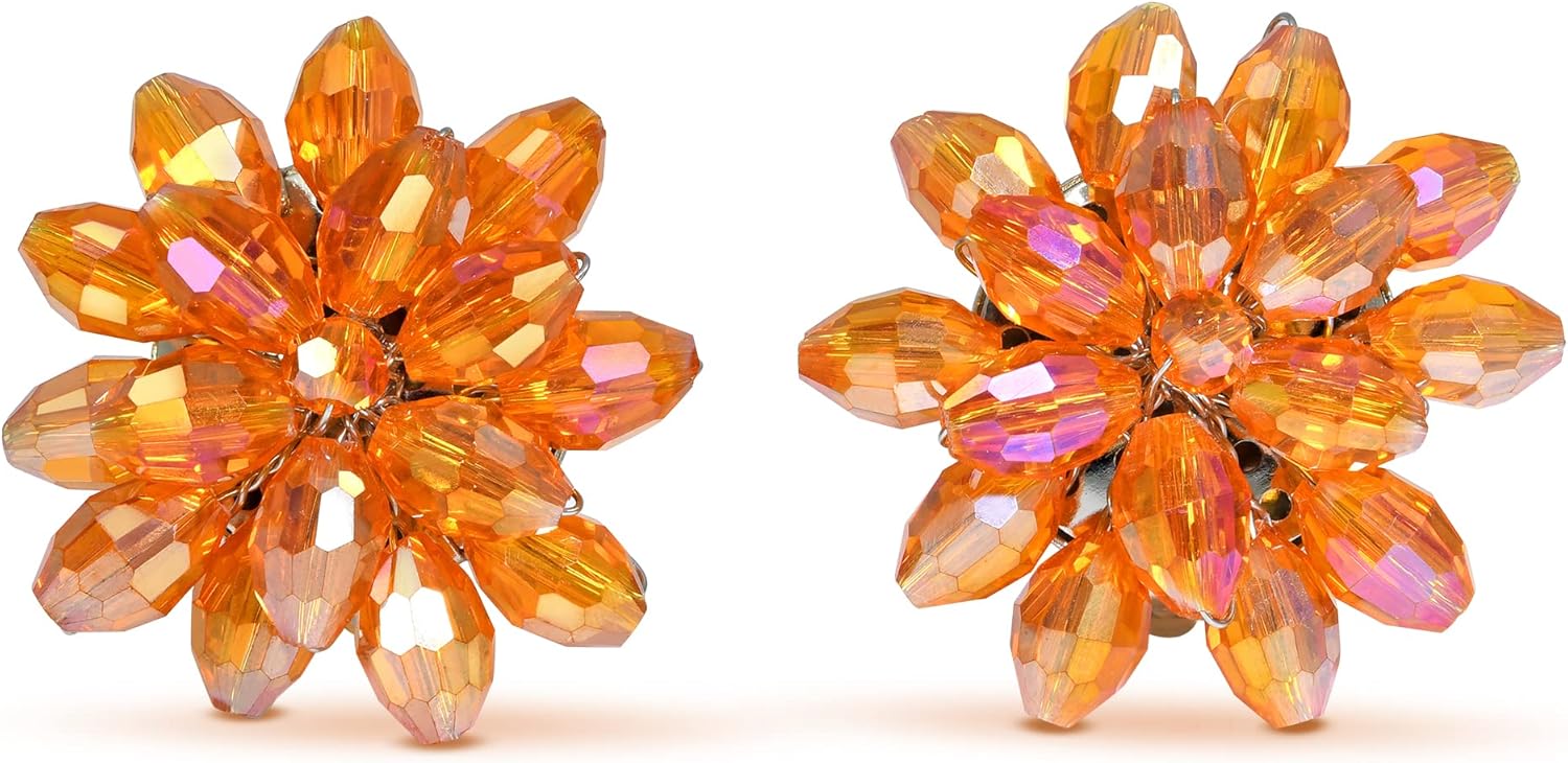 AeraVida Dazzling Orange Chrysanthemum Floral Crystal Clip-On Earrings | Handmade Wire Flower Statement Jewelry | Vibrant Orange Fashion Gift for Women