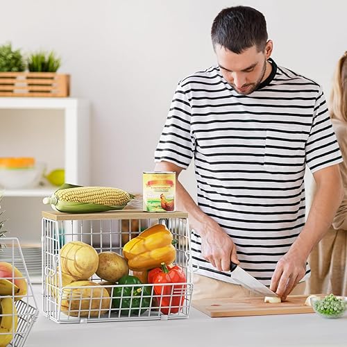 Miniatura 4 de Cesta de alambre para fruta, color blanco, cesta de almacenamiento de frutas y verduras, cesta de frutas para encimera de cocina, apilable, para