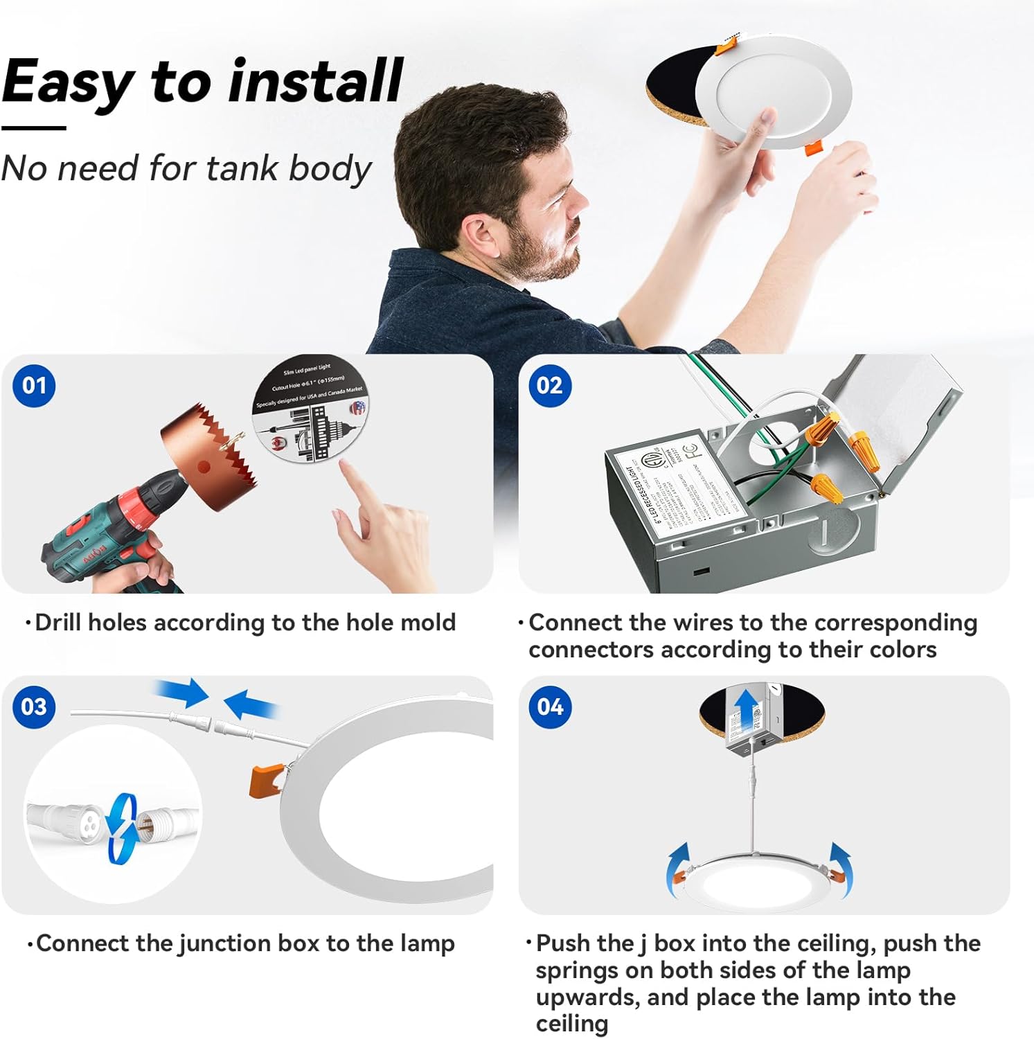 CHARKEE 12 Pack 6 Inch 5CCT Ultra-Thin LED Recessed Ceiling Light with Junction Box, 2700K/3000K/3500K/4000K/5000K, 1050LM, 12W Equivalent to110W, Dimmable Canless Downlights, ETL & Energy Star & FCC