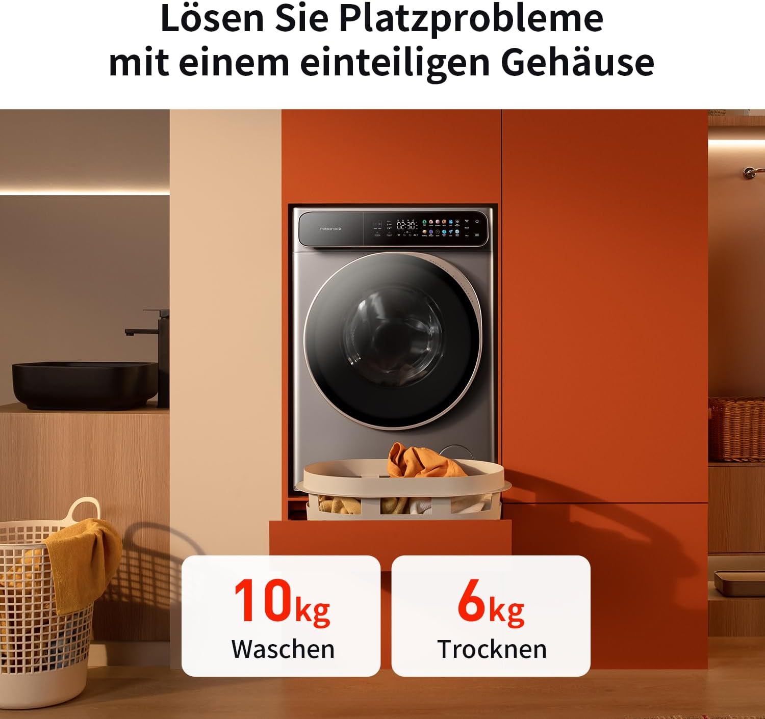 roborock Zeo One in a laundry room setting with text indicating 10kg washing and 6kg drying capacity