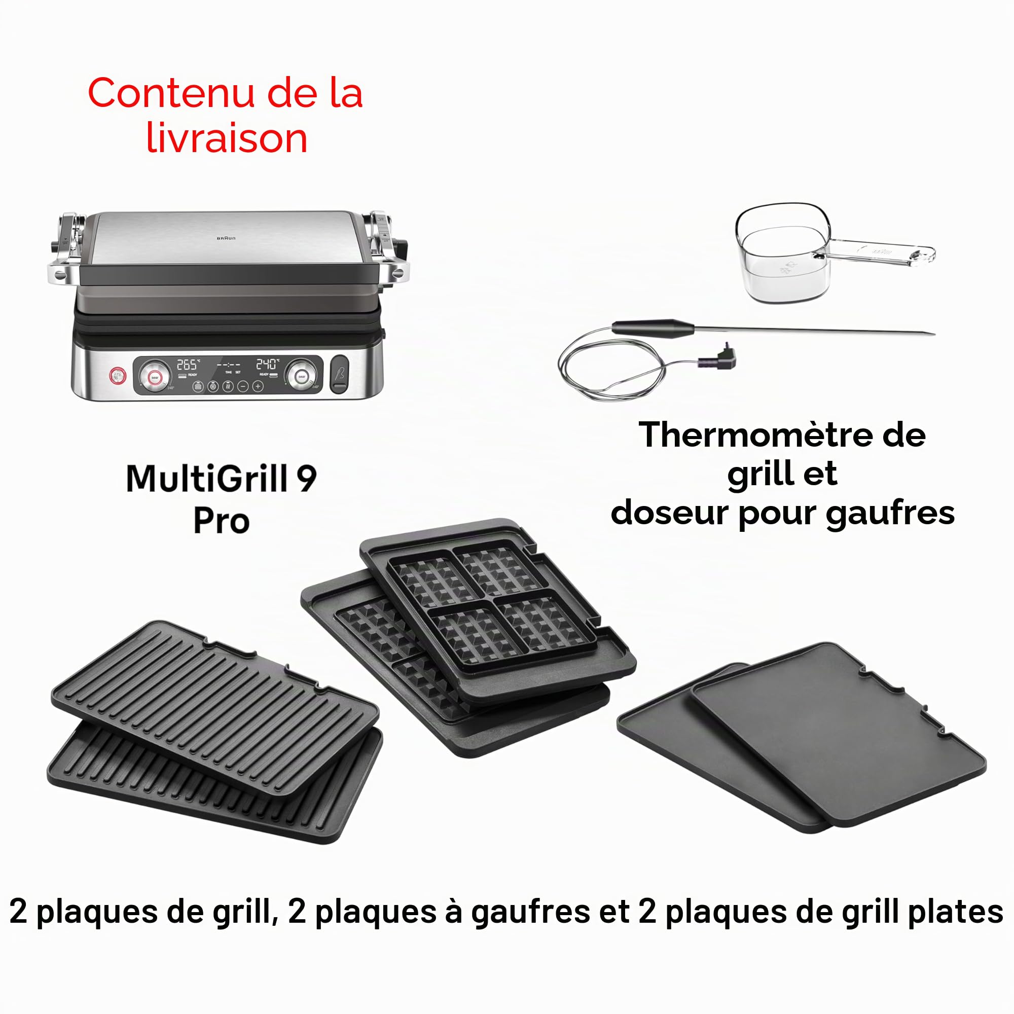 Braun MultiGrill9 CG9167, Grille Électrique à Contrôle Électronique, 2 Thermostats Indépendants, 3 Positions de Cuisson, Sonde Thermique, Fonction BOOST, Ensemble Plaques Grill+Lisses+Gaufres, 2200W