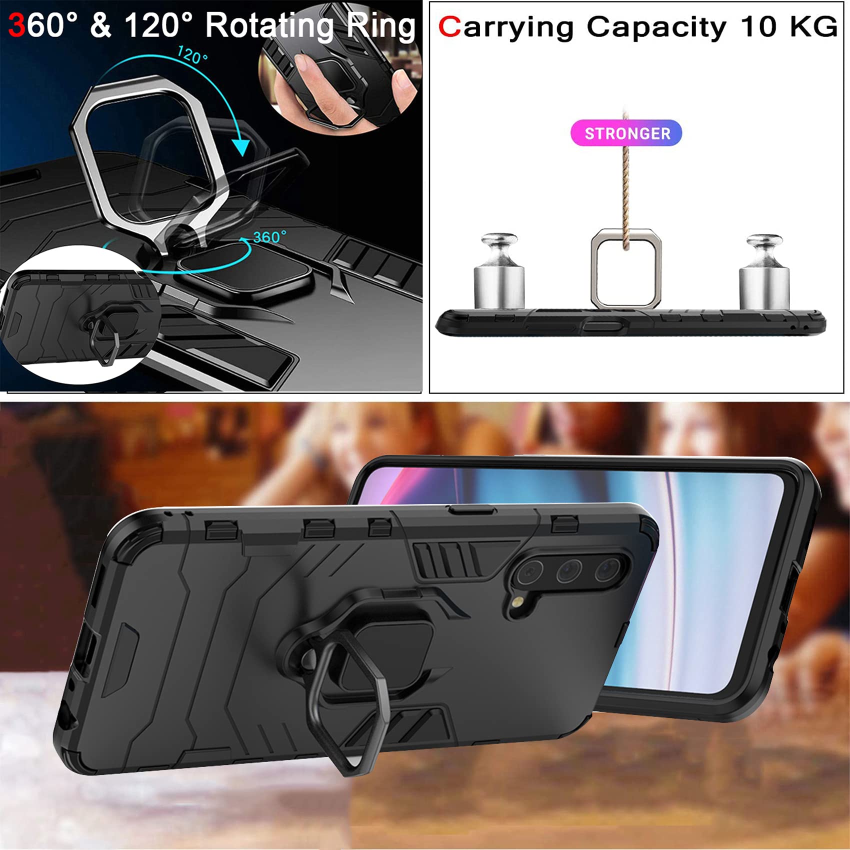Funda WEIOU Para OnePlus Nord CE 5G + 2 Cristales Templados - TPU/PC, Soporte 360°, Negro