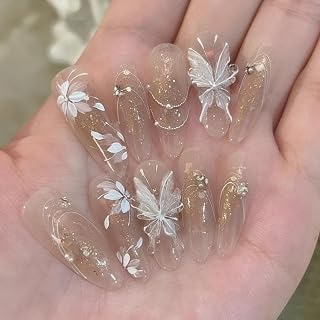 Fall 3D Butterfly Press on Nails Long Almond False Nails Press Ons White Floral Design Fake Nails Butterfly Stick on Nail Full Cover Acrylic Artificial Nails Gift for Women 24pcs