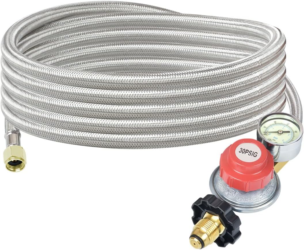Generep Adjustable Propane Tank Regulator 0-30 PSI,12 Foot High Pressurepropane Hose with Gauge/Indicator,More Durable Stainless Steel Braided Gas Hose and LP Gas Regulator(12 FT)