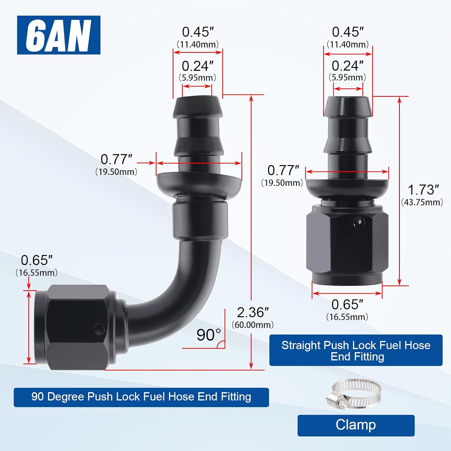 6AN Push Lock Hose Fitting End Kit Straight and 90 Degree Elbow Black Ends with Hose Clamps for Rubber Fuel Line 10PCS
