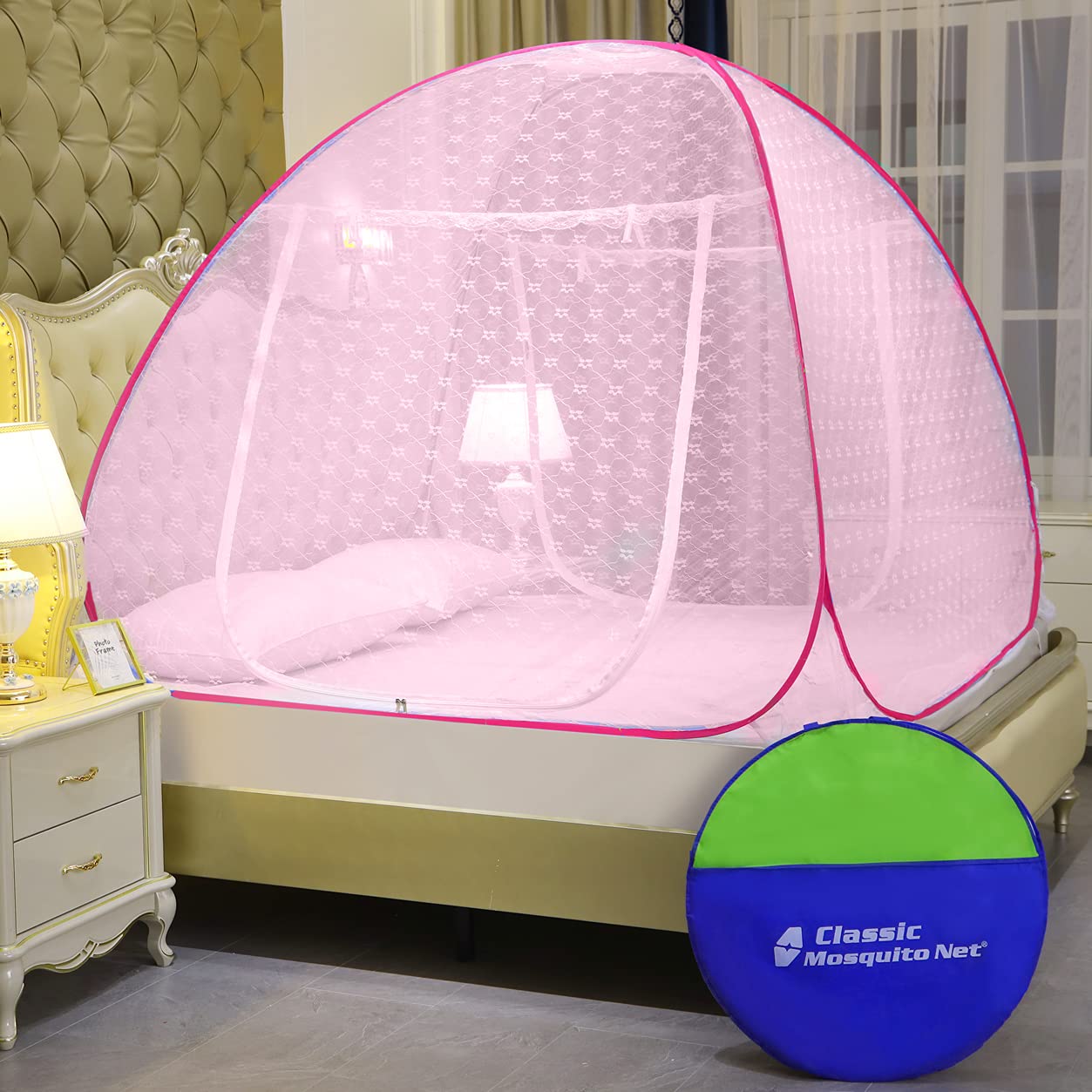 Classic Mosquito Net for Double Bed | King Size Embroidery Foldable Machardani | Polyester 30GSM Strong Net | PVC Coated Corrosion Resistant Steel Wire - Full Pink