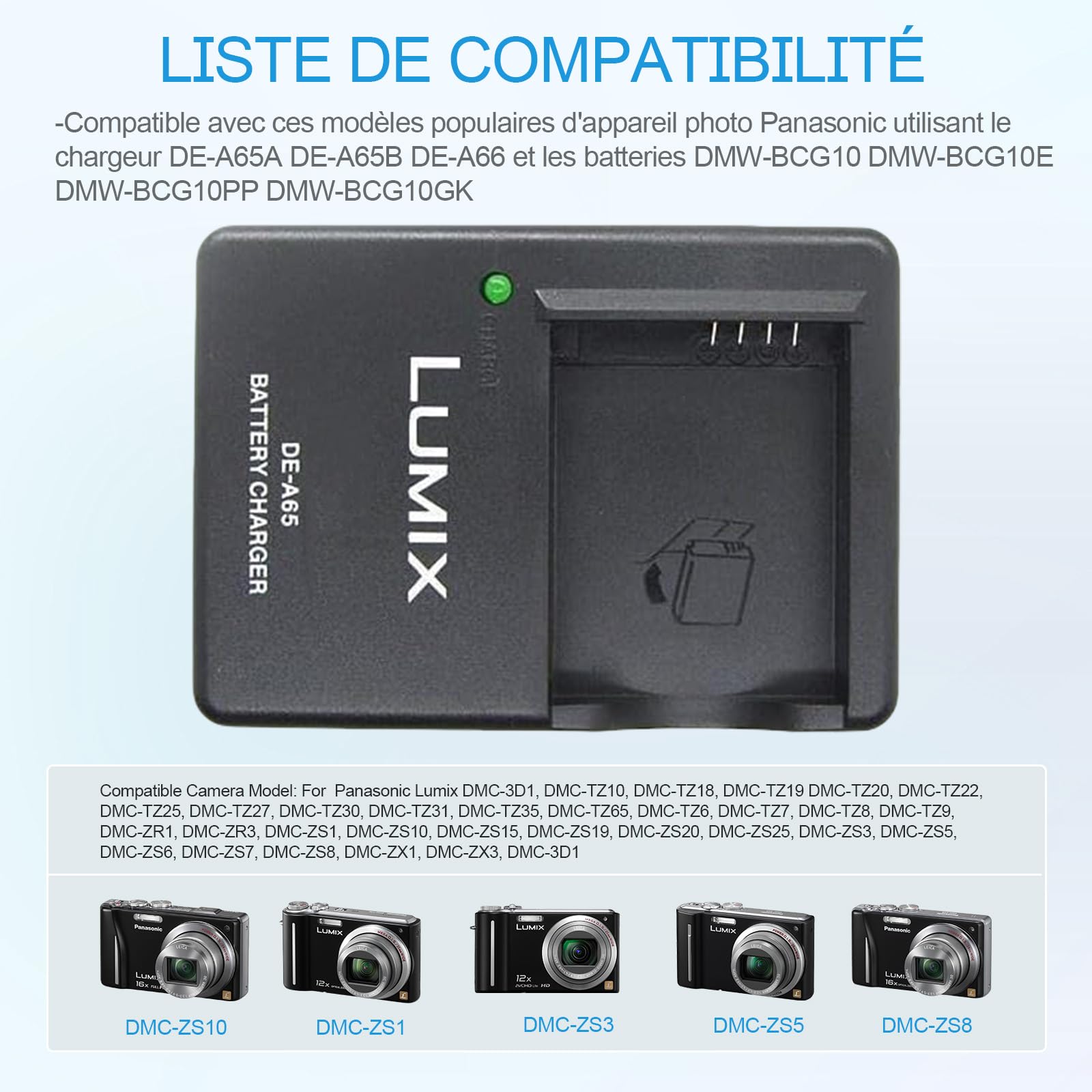 DE-A65 DMW-BCG10 DMW-BCG10E Chargeur de Batterie Compatible avec Panasonic Lumix DMC-ZS1 ZS3 ZS5 ZS6 ZS7 ZS8 ZS10 ZS15 ZS19 ZS20 TZ7 TZ10 TZ19 TZ20 TZ30 ZR1 ZR3 Appareil Photo & 120cm AC Power Cord