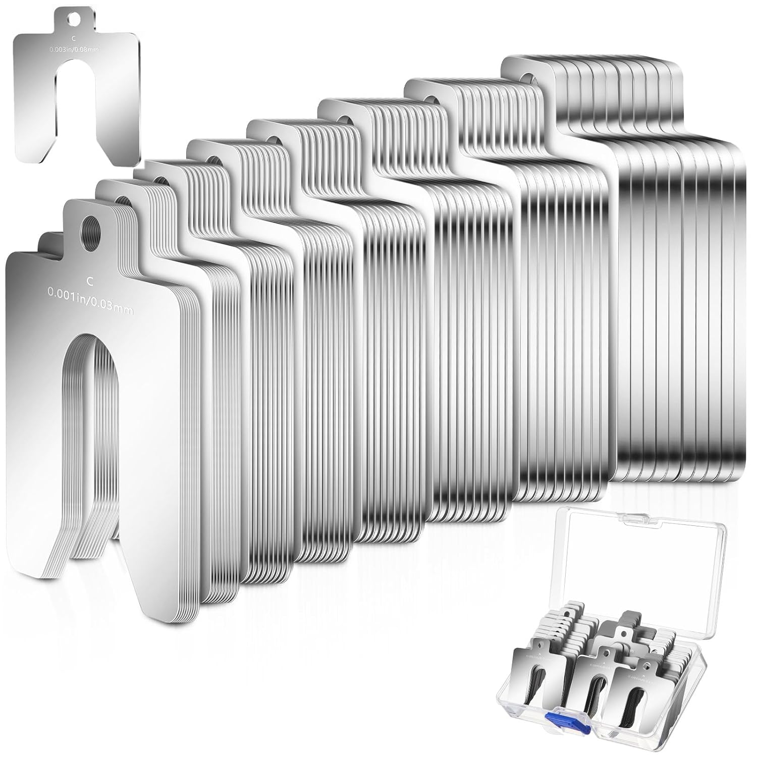 Shimeyao 80 Pcs, Size C 4" x 4" Shim Kit 304 Stainless Steel Slotted Shim with Transparent Storage Box Assortment Metal Shims for Leveling Shop Kit Replacement Pack