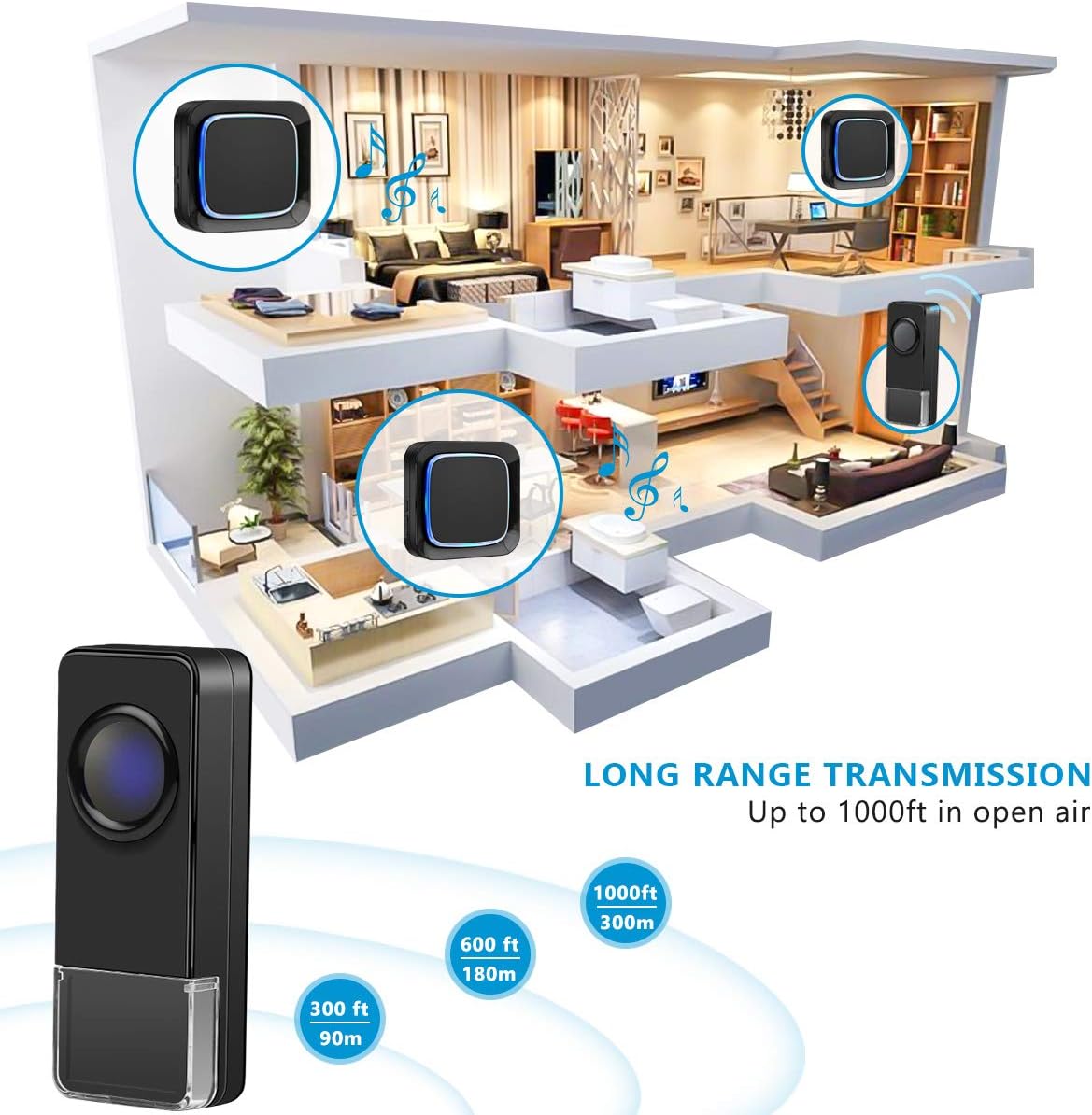 Wireless Doorbell, Coolqiya Door Bell Chimes Kit Alarm with 3 Plugin Receivers and 2 Remote Waterproof Push Buttons for Christmas Day Party, Operating Range Up to 1000 Feet, 58 Melodies, LED Flash - - 