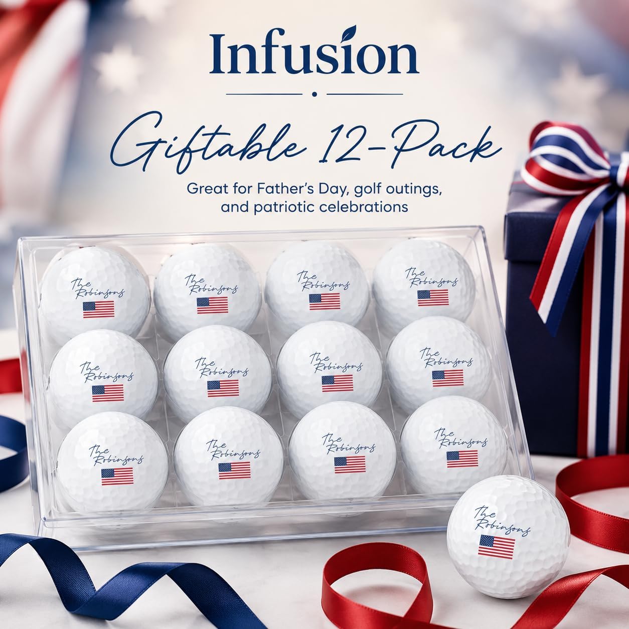 Infusion USA Flag & Personalized Family Name Golf Balls (12 Pack) – Patriotic America 250th Anniversary Design, USGA Approved 2-Piece Golf Balls, Commemorative Golf Gift for Men and Women