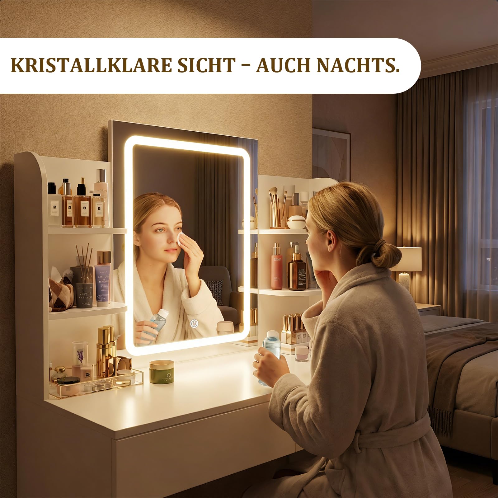 Airfish Coiffeuse avec Miroir et LED, Table de Maquillage avec 3 Étagères et 2 Tiroirs, Coiffeuse avec Grand Tiroir et Armoire, Lumière LED Réglable (Blanc)
