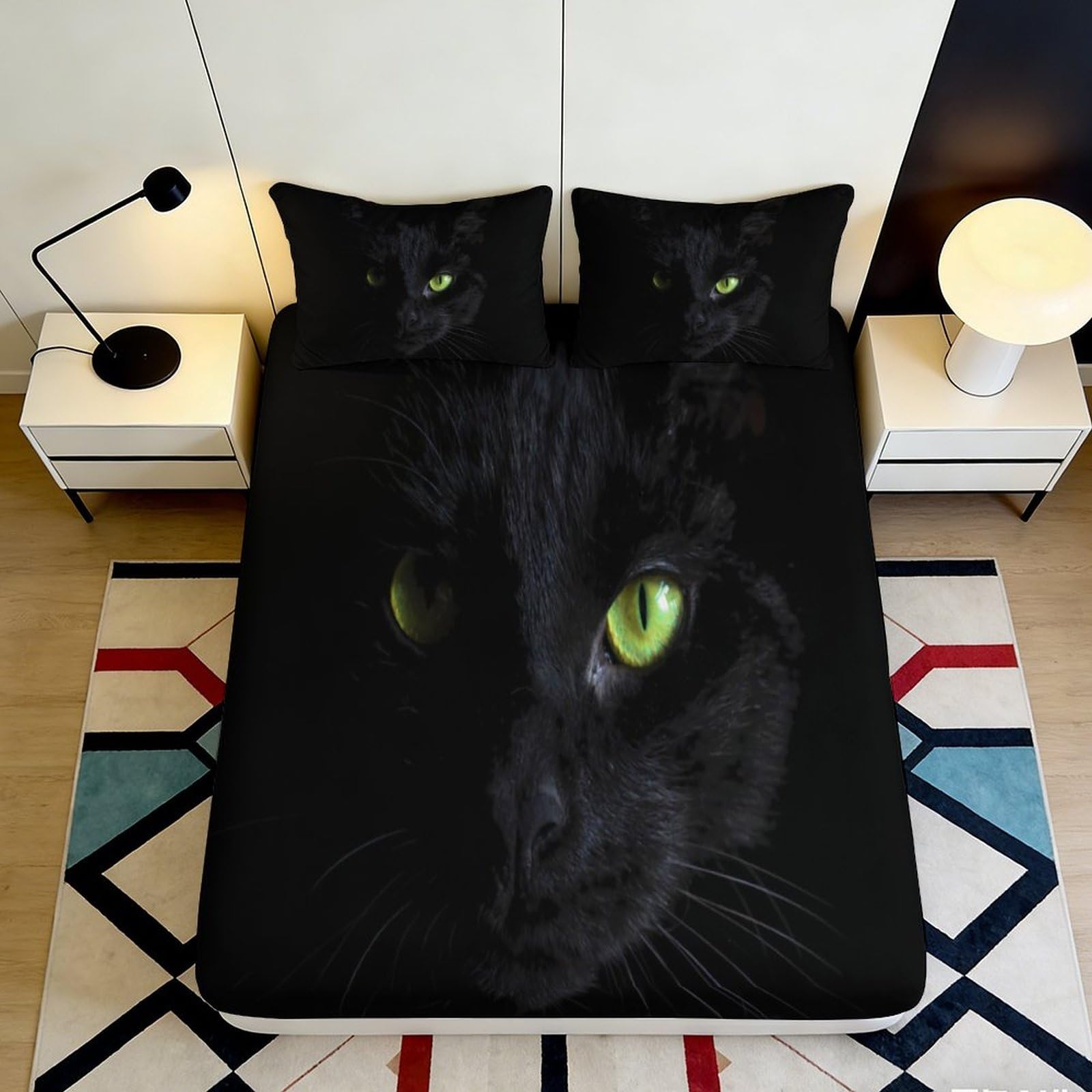 Pnayamiorkfel Style-1 3D Printed Black Cat Fitted Sheet Microfiber Soft Bedroom Decor Green Eyes Mattress Cover For Home Guest Room 90X200x25cm