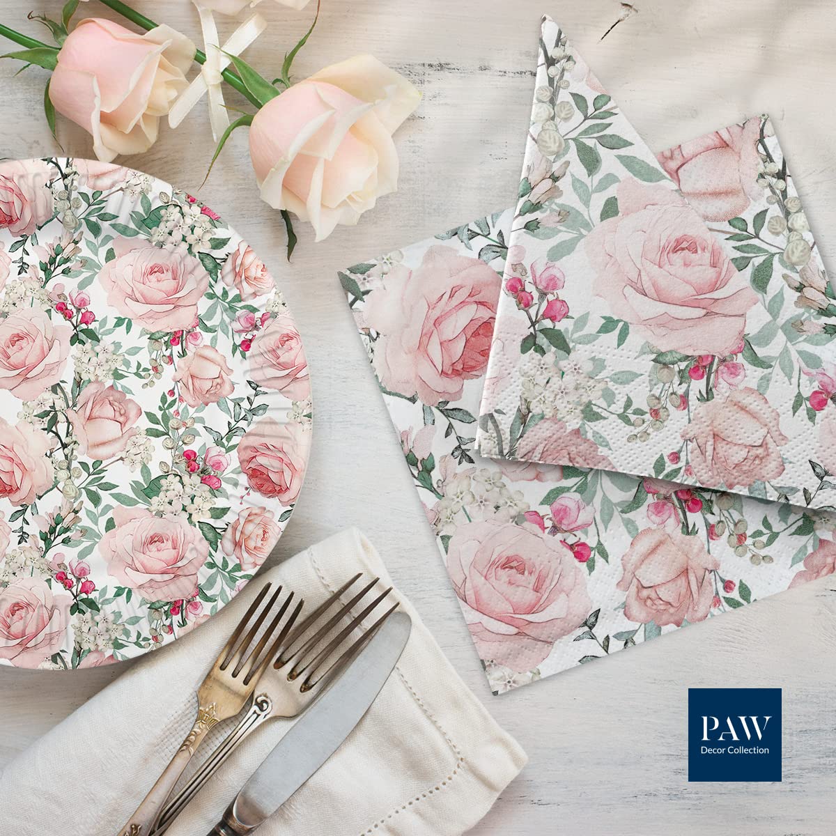 PAW - Papieren Servies Set I 16 Personen, 68 Elementen I Partyservies - 20 x Papieren Servetten, 32 x Papieren Borden, 16 x Papieren Bekers I Wegwerpservies I Set Prachtige Rozen