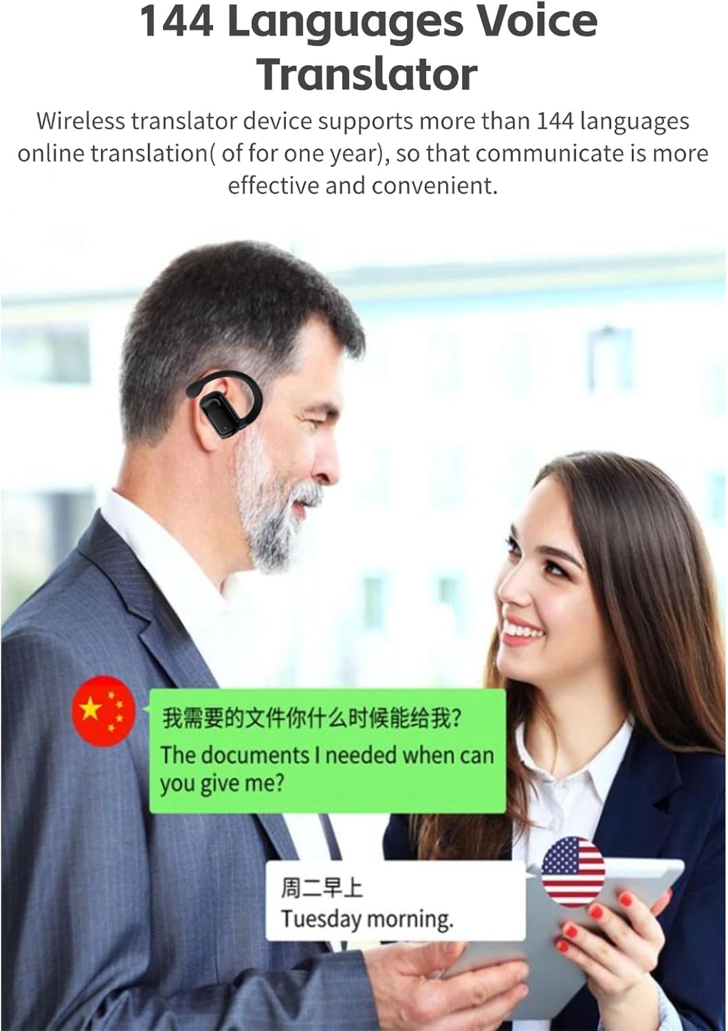 Two people using Yoidesu BL02 for real-time language translation