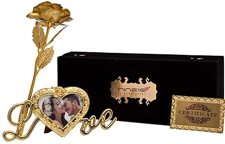 Valentine Gift Gold Rose 24K Gold Foil/Gold Plated Rose with Exclusive Velvet Gift Box and Heart Shape Photo Frame Stand