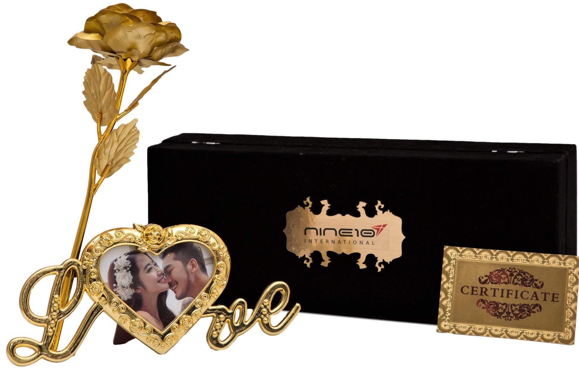 Gold Rose 24K Gold Foil/Gold Plated Rose Box and Heart Shape Photo Frame Stand-image-25